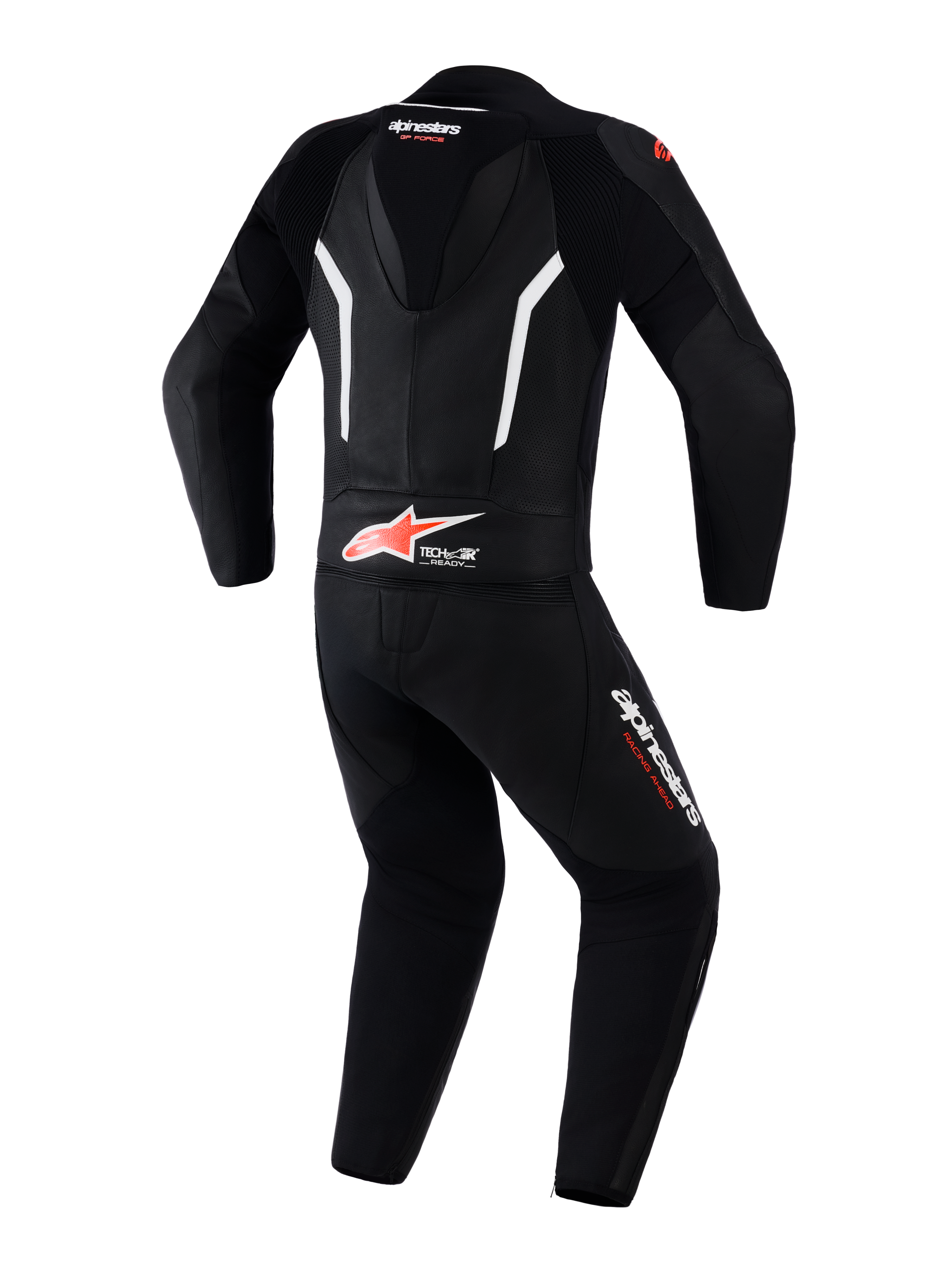 Alpinestars Tuta in pelle GP Force V2 2 pezzi, tuta da moto racing, nero, bianco e rosso fluo, vista posteriore che mostra la gobba aerodinamica, logo Tech-Air Ready sulla parte bassa della schiena, pannelli in pelle traforata per la ventilazione e loghi Alpinestars sulle gambe e sul collo.