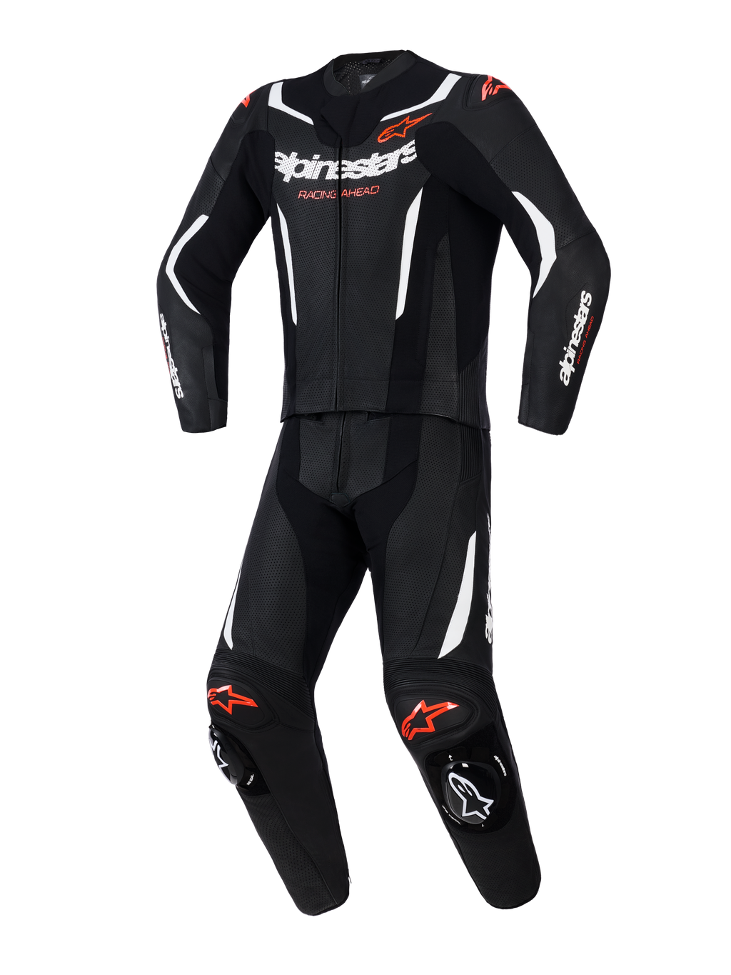 Tuta in pelle Alpinestars GP Force V2 2 pezzi, tuta da moto per uso racing, nero con accenti bianco e rosso fluo, con pannelli in pelle traforata, strisce bianche a contrasto, loghi rossi e saponette integrate, abbigliamento tecnico sportivo professionale