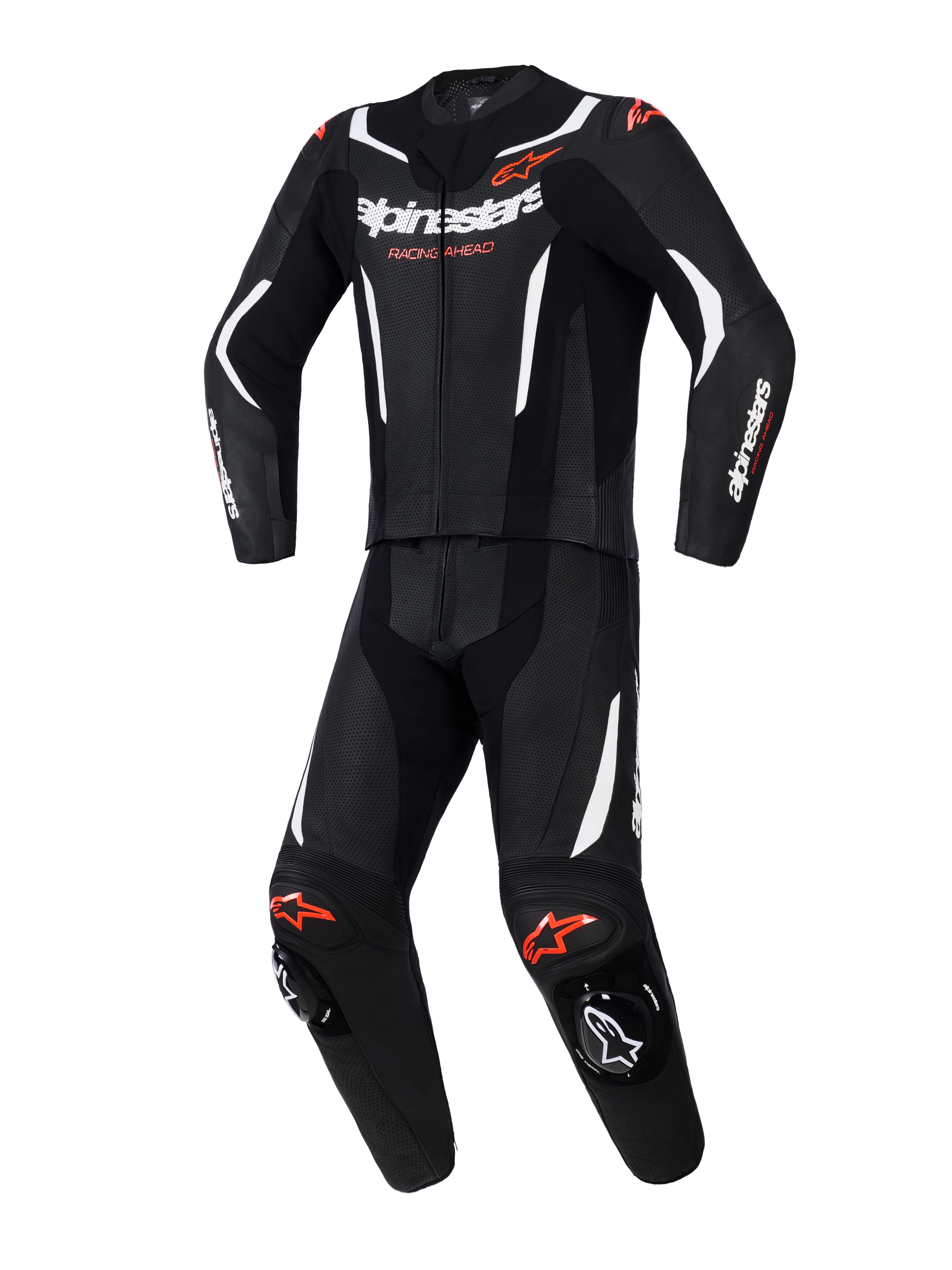 Tuta in pelle Alpinestars GP Force V2 2 pezzi, tuta da moto per uso racing, nero con accenti bianco e rosso fluo, con pannelli in pelle traforata, strisce bianche a contrasto, loghi rossi e saponette integrate, abbigliamento tecnico sportivo professionale