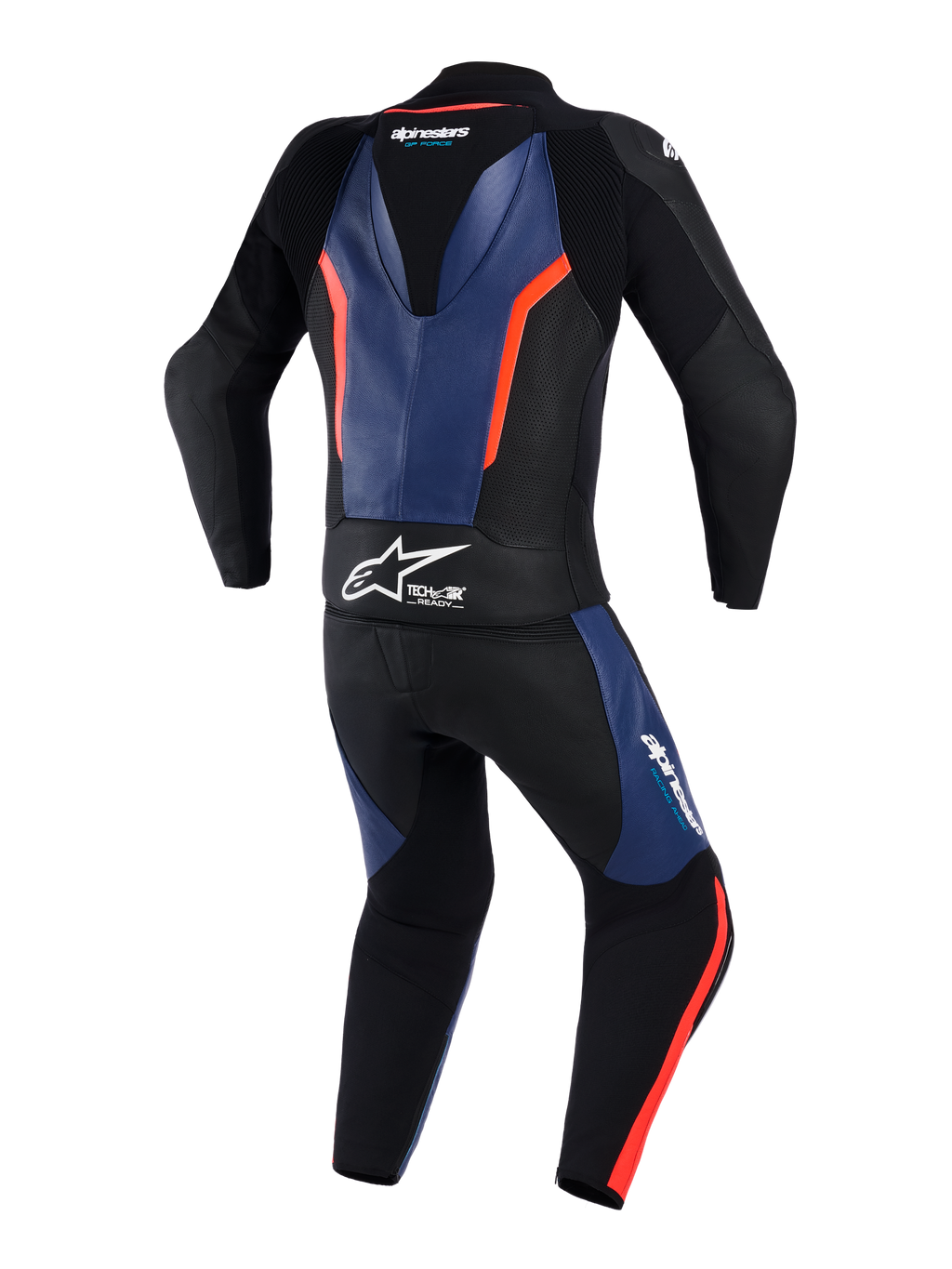 Alpinestars GP Force V2 Leather Suit 2 pezzi, vista posteriore, nero con accenti blu e rosso fluo, tuta professionale da moto racing con gobba aerodinamica, logo Tech-Air Ready bianco sulla vita, pannelli in pelle traforata e zone elasticizzate a fisarmonica per una maggiore mobilità.