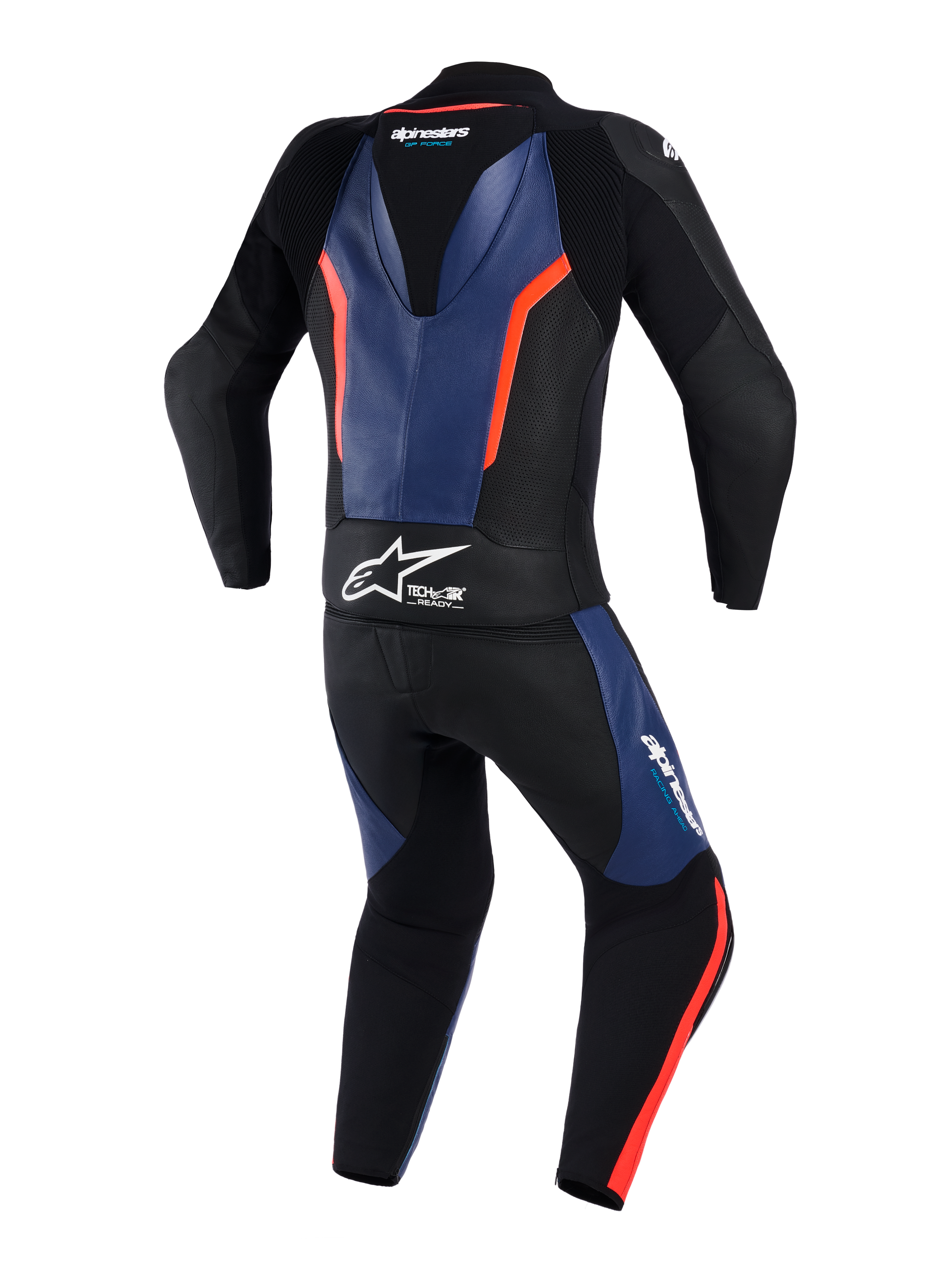Alpinestars GP Force V2 Leather Suit 2 pezzi, vista posteriore, nero con accenti blu e rosso fluo, tuta professionale da moto racing con gobba aerodinamica, logo Tech-Air Ready bianco sulla vita, pannelli in pelle traforata e zone elasticizzate a fisarmonica per una maggiore mobilità.
