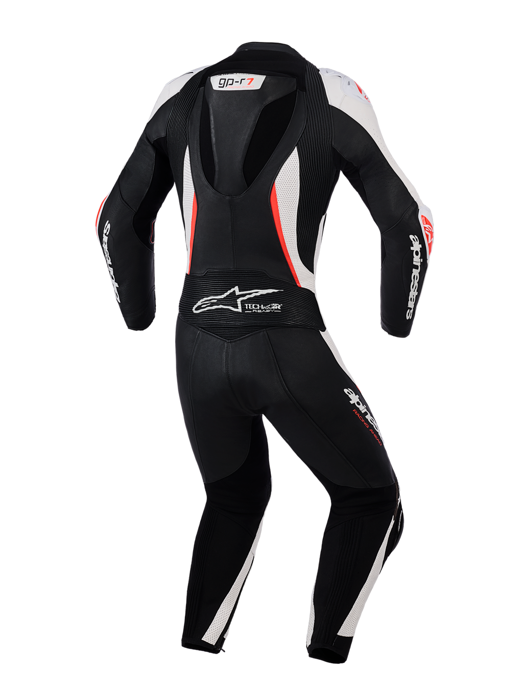 Tuta in pelle Alpinestars Stella GP-R7 2 Pezzi da donna, vista posteriore, nero, bianco e rosso fluo, con gobba aerodinamica, pannelli a fisarmonica elasticizzati e pelle traforata per prestazioni racing professionali.