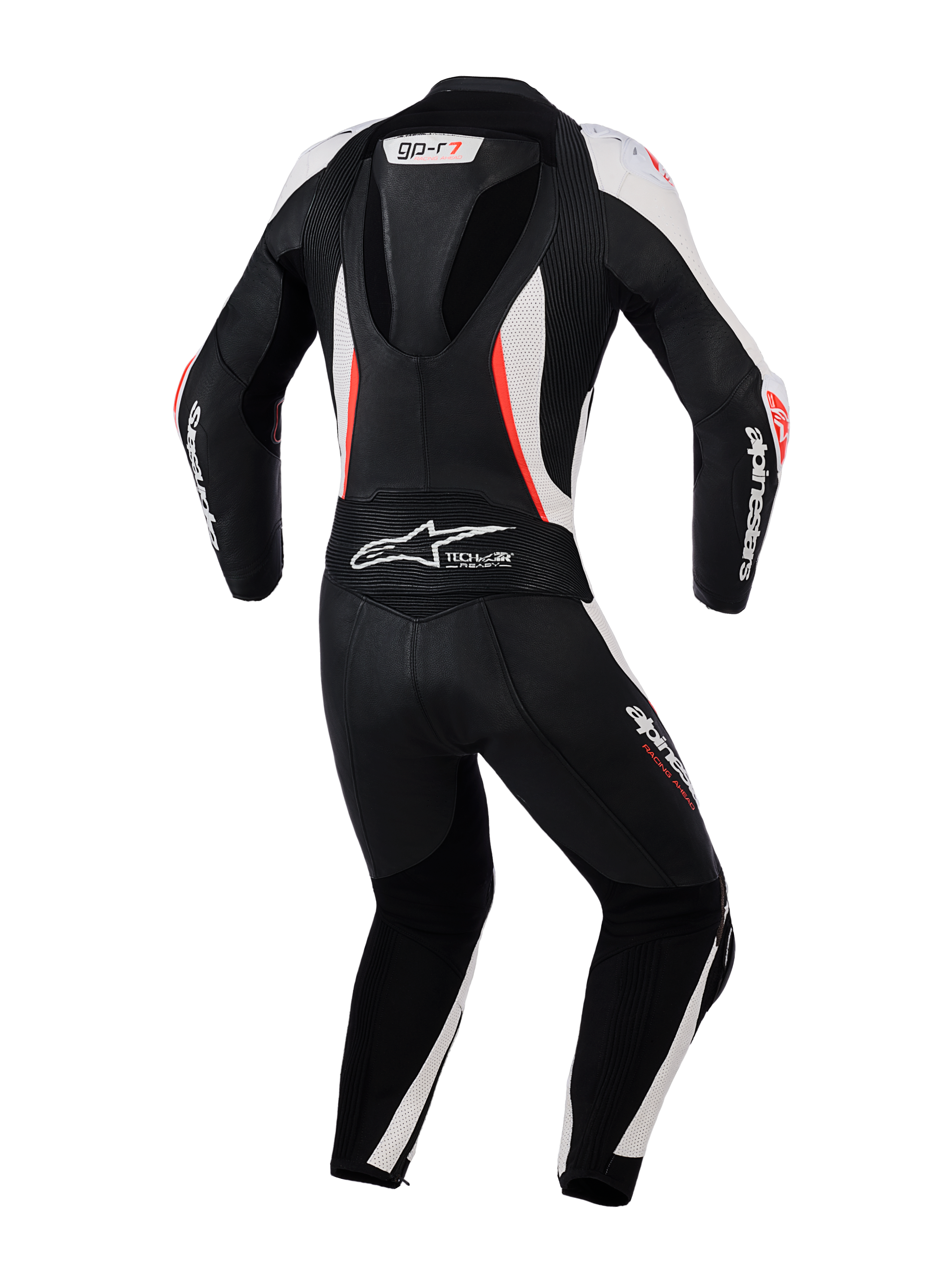 Tuta in pelle Alpinestars Stella GP-R7 2 Pezzi da donna, vista posteriore, nero, bianco e rosso fluo, con gobba aerodinamica, pannelli a fisarmonica elasticizzati e pelle traforata per prestazioni racing professionali.