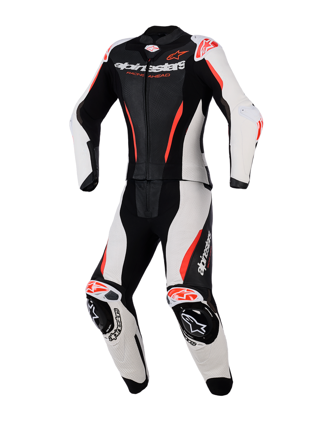 Tuta in pelle Alpinestars Stella GP-R7 2 pezzi, tuta da moto da corsa per donna, nero, bianco e rosso fluo, con pannelli in pelle traforata, protezioni integrate su spalle e ginocchia, design aerodinamico e loghi evidenti su petto e gambe