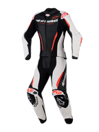 Tuta in pelle Alpinestars Stella GP-R7 2 pezzi, tuta da moto da corsa per donna, nero, bianco e rosso fluo, con pannelli in pelle traforata, protezioni integrate su spalle e ginocchia, design aerodinamico e loghi evidenti su petto e gambe