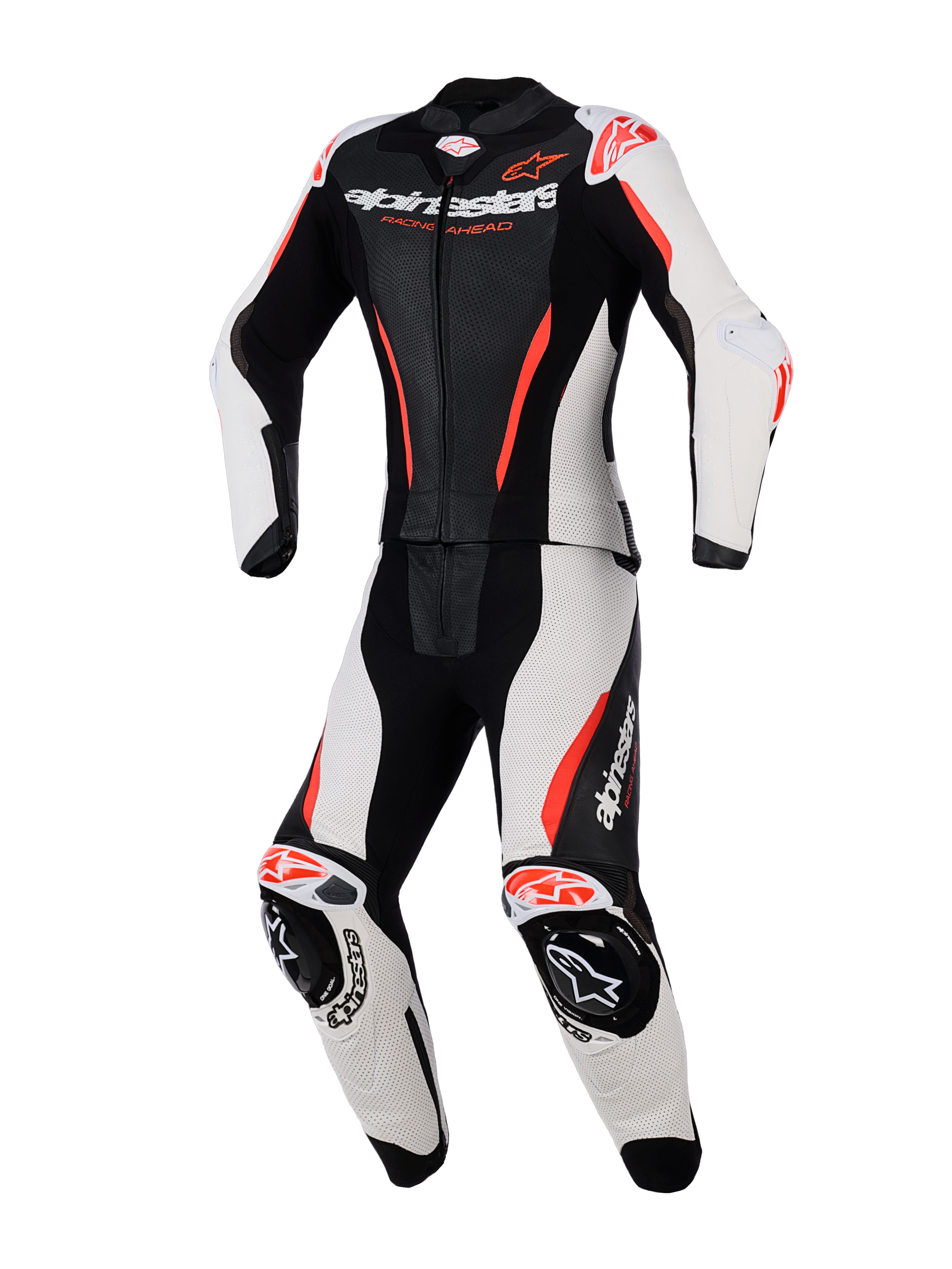 Tuta in pelle Alpinestars Stella GP-R7 2 pezzi, tuta da moto da corsa per donna, nero, bianco e rosso fluo, con pannelli in pelle traforata, protezioni integrate su spalle e ginocchia, design aerodinamico e loghi evidenti su petto e gambe
