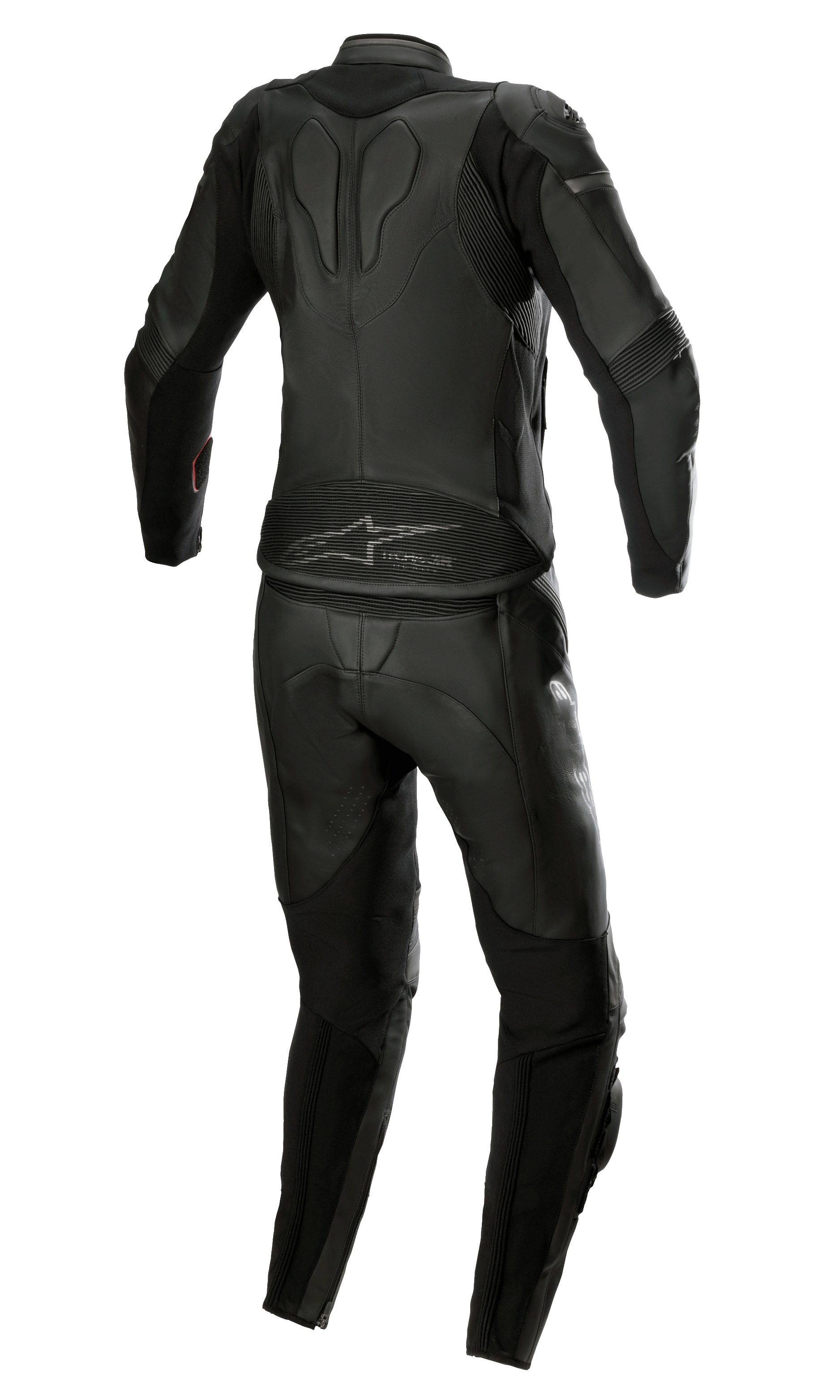 Alpinestars Stella GP Plus 2-Piece Leather Suit da donna, Black Metallic Gray, vista posteriore che mostra il design aerodinamico con pannelli a soffietto elasticizzati, costruzione protettiva in pelle e marchio Alpinestars sulla parte bassa della schiena, specificamente progettata per una vestibilità racing femminile.