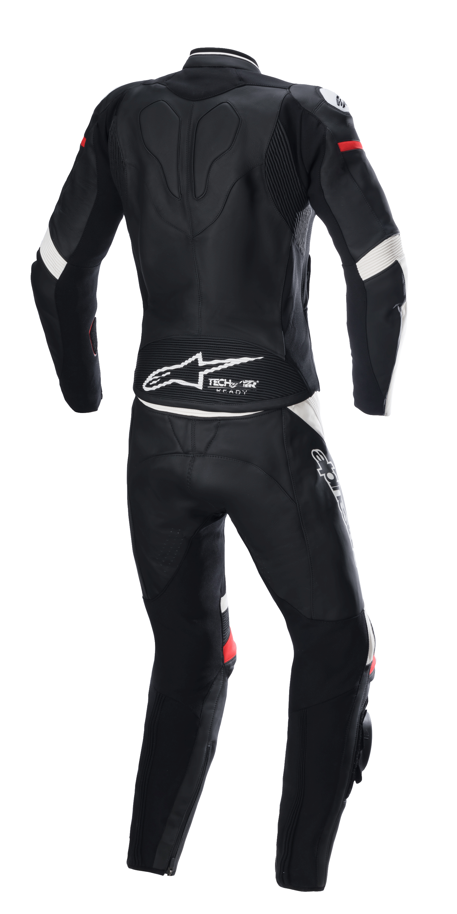 Tuta in pelle 2 pezzi Alpinestars Stella GP Plus, nero, bianco e rosso acceso, vista posteriore, con marchio Tech-Air Ready e logo Alpinestars sulla parte bassa della schiena, tuta protettiva ergonomica con pannelli elasticizzati per gare motociclistiche