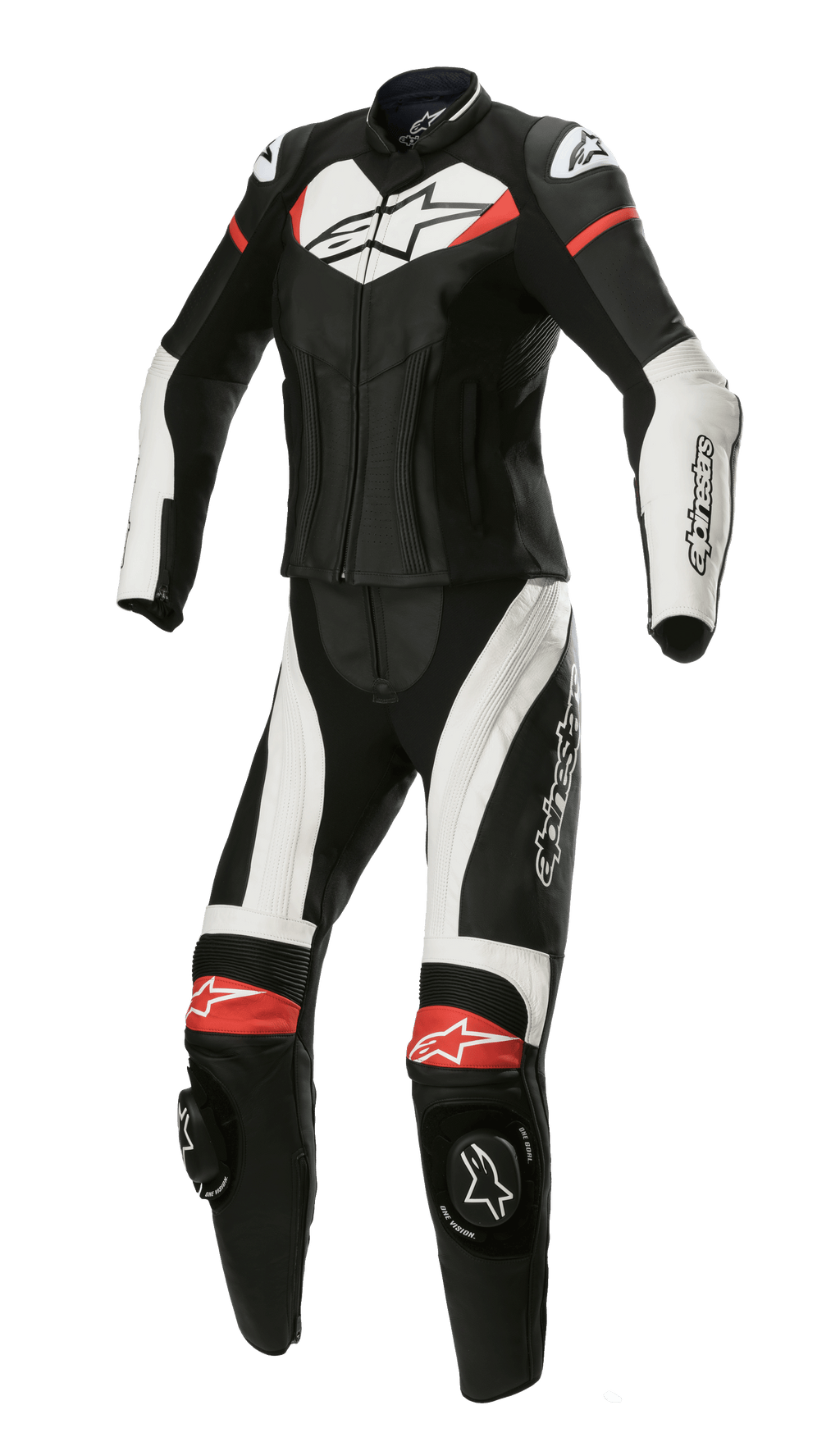Alpinestars Stella GP Plus tuta in pelle due pezzi, tuta da moto da corsa da donna, nero con dettagli bianchi e rosso acceso, costruzione in pelle con profilo aerodinamico, protezioni spalle DFS Lite, slider ginocchia e pannelli elasticizzati per una vestibilità femminile dedicata