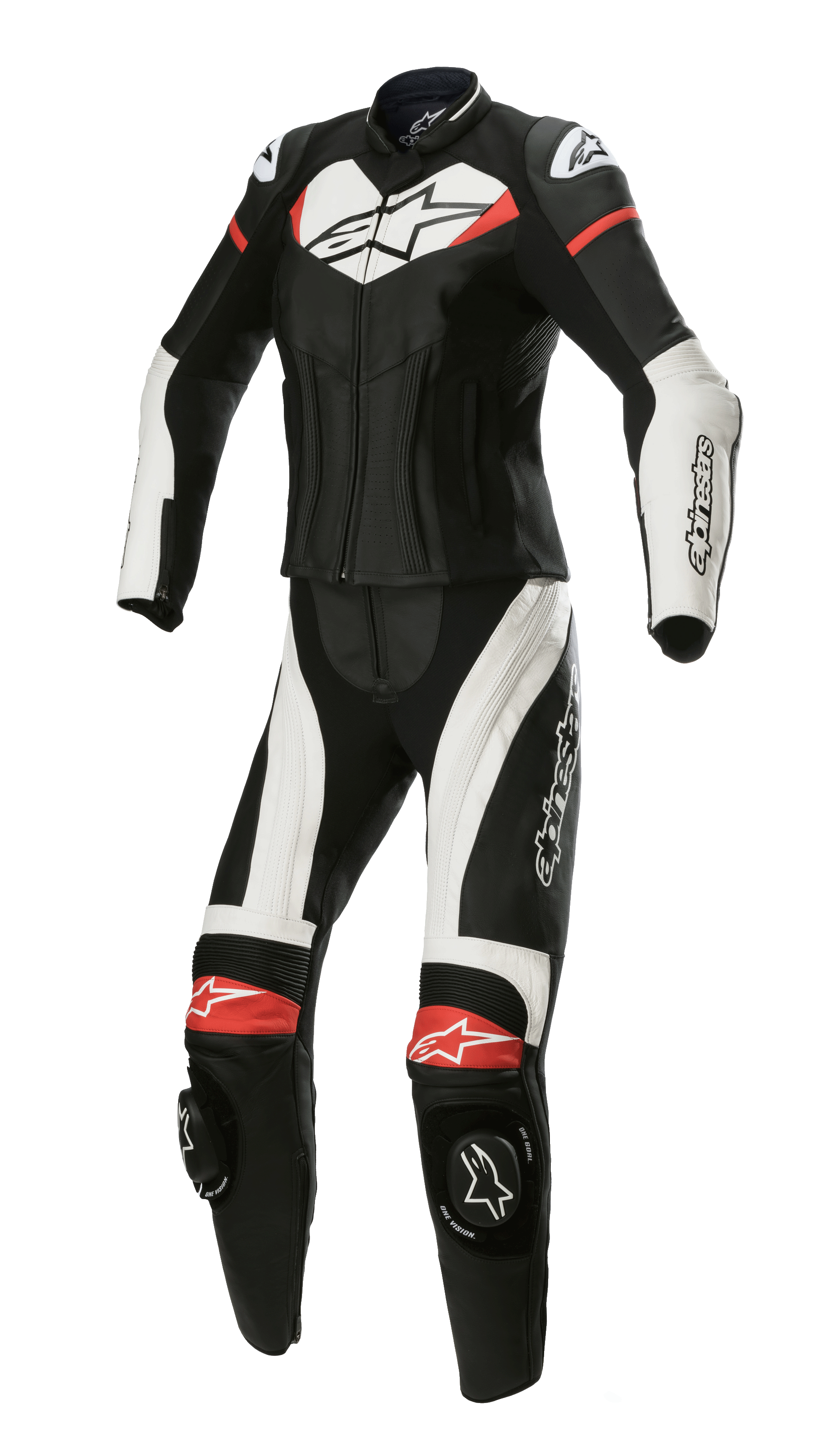 Alpinestars Stella GP Plus tuta in pelle due pezzi, tuta da moto da corsa da donna, nero con dettagli bianchi e rosso acceso, costruzione in pelle con profilo aerodinamico, protezioni spalle DFS Lite, slider ginocchia e pannelli elasticizzati per una vestibilità femminile dedicata
