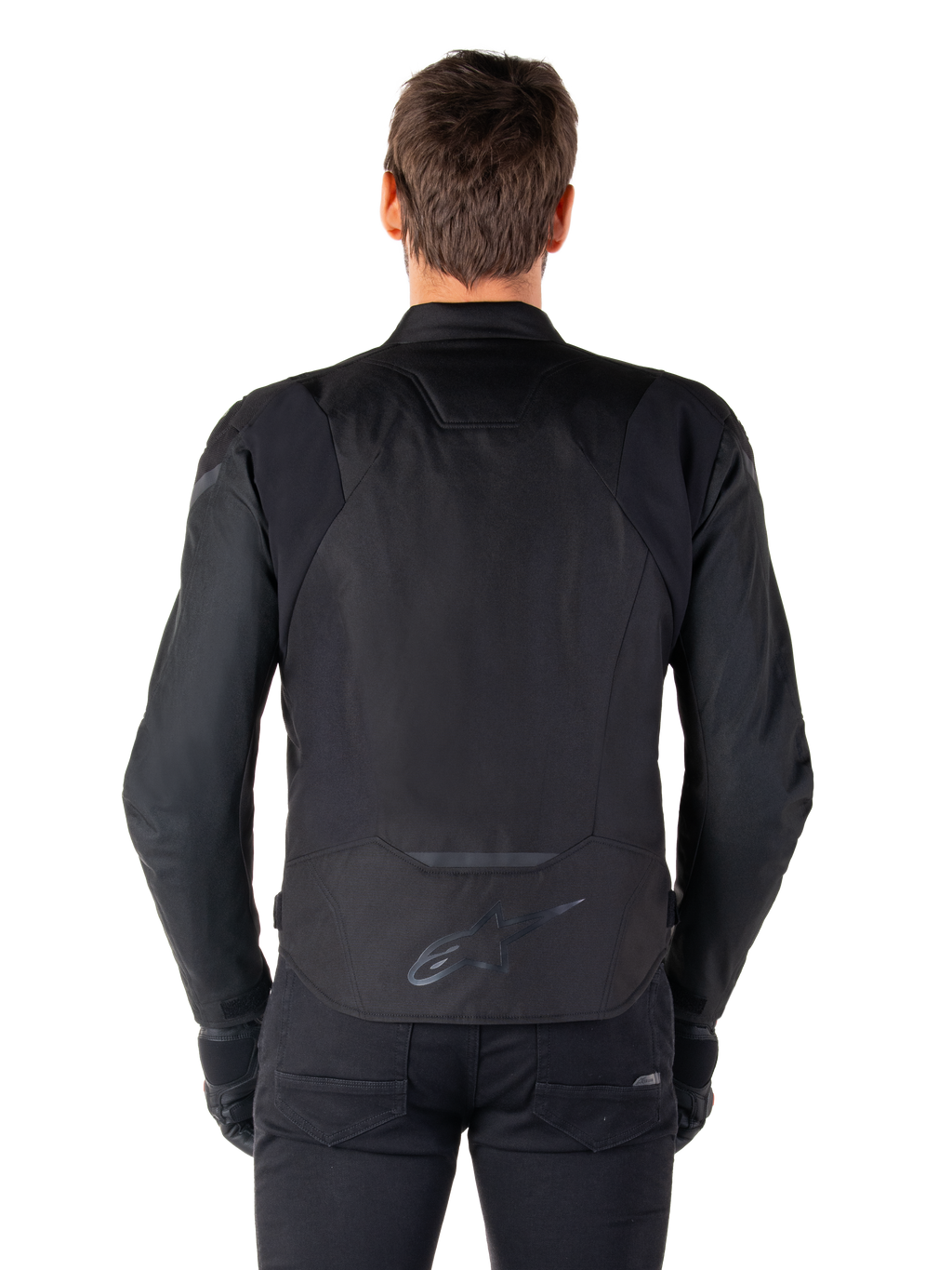 Giacca impermeabile Alpinestars T-Jaws V4, giacca da moto in tessuto, nero, vista posteriore con logo Alpinestars sulla parte bassa della schiena, vestibilità sportiva per la guida su strada