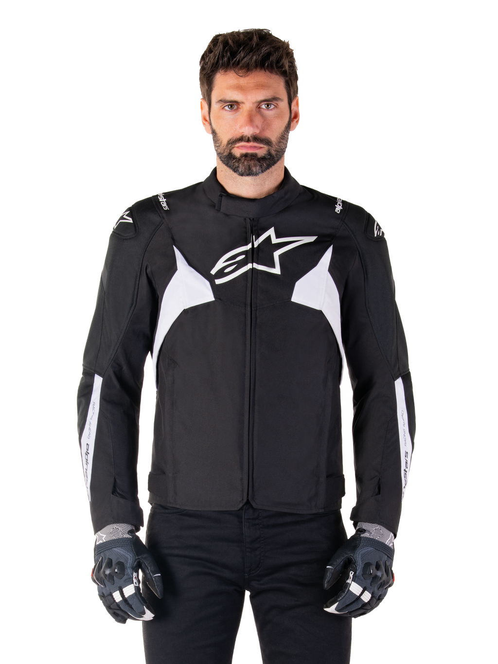 Giacca impermeabile Alpinestars T-Jaws V4, giacca da moto sportiva in tessuto da uomo, nero e bianco, logo stella bianco sul petto, dettagli bianchi sulle spalle e strisce bianche sugli avambracci, colletto alto, vestibilità atletica per la guida su strada