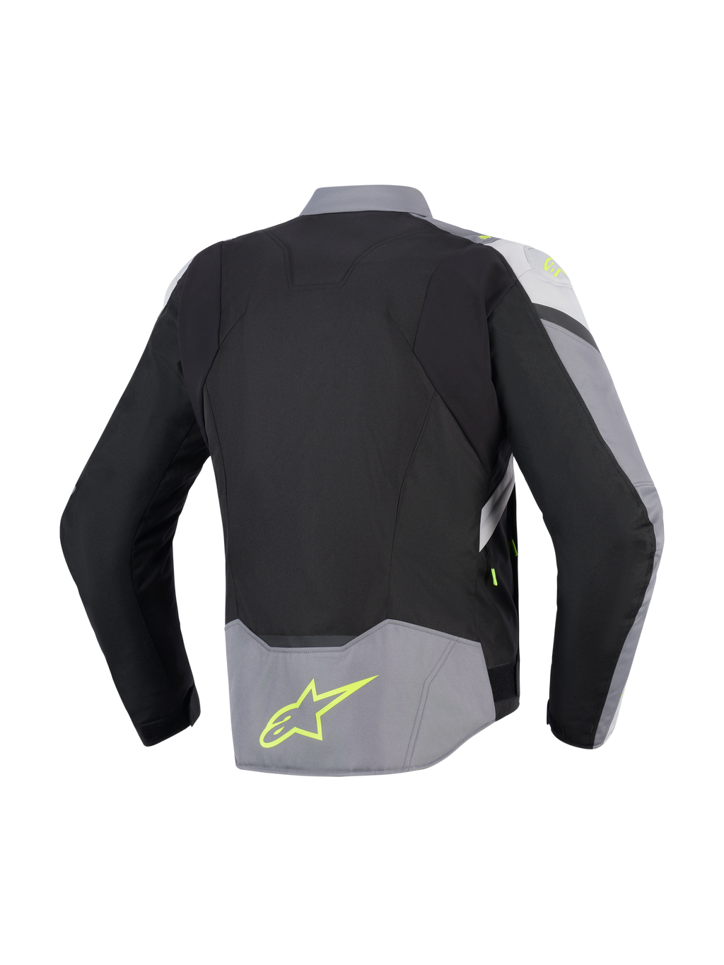 Alpinestars Giacca Impermeabile T-Jaws V4, vista posteriore, nero, grigio ghiaccio e grigio scuro, giacca da moto in tessuto con accenti giallo fluorescente e logo sulla parte bassa della schiena, vestibilità sportiva con profilo posteriore allungato