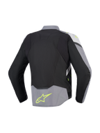 Alpinestars Giacca Impermeabile T-Jaws V4, vista posteriore, nero, grigio ghiaccio e grigio scuro, giacca da moto in tessuto con accenti giallo fluorescente e logo sulla parte bassa della schiena, vestibilità sportiva con profilo posteriore allungato