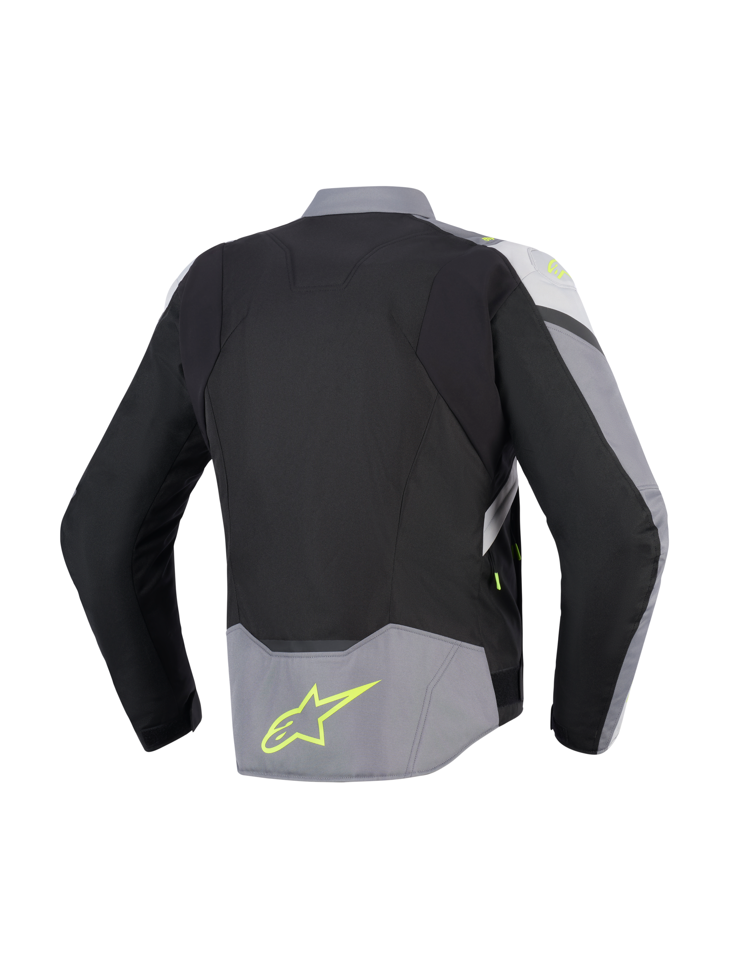 Alpinestars Giacca Impermeabile T-Jaws V4, vista posteriore, nero, grigio ghiaccio e grigio scuro, giacca da moto in tessuto con accenti giallo fluorescente e logo sulla parte bassa della schiena, vestibilità sportiva con profilo posteriore allungato