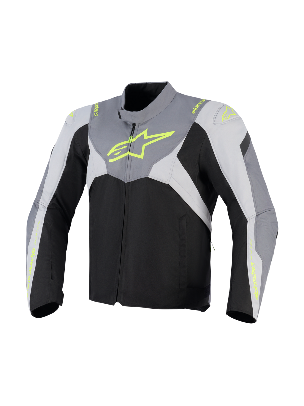 Alpinestars Giacca T-Jaws V4 Waterproof, giacca da moto in tessuto, nero, grigio ghiaccio e grigio scuro con branding giallo fluorescente, con un grande logo neon sul petto e pannelli protettivi sulle spalle