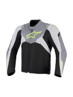 Alpinestars Giacca T-Jaws V4 Waterproof, giacca da moto in tessuto, nero, grigio ghiaccio e grigio scuro con branding giallo fluorescente, con un grande logo neon sul petto e pannelli protettivi sulle spalle