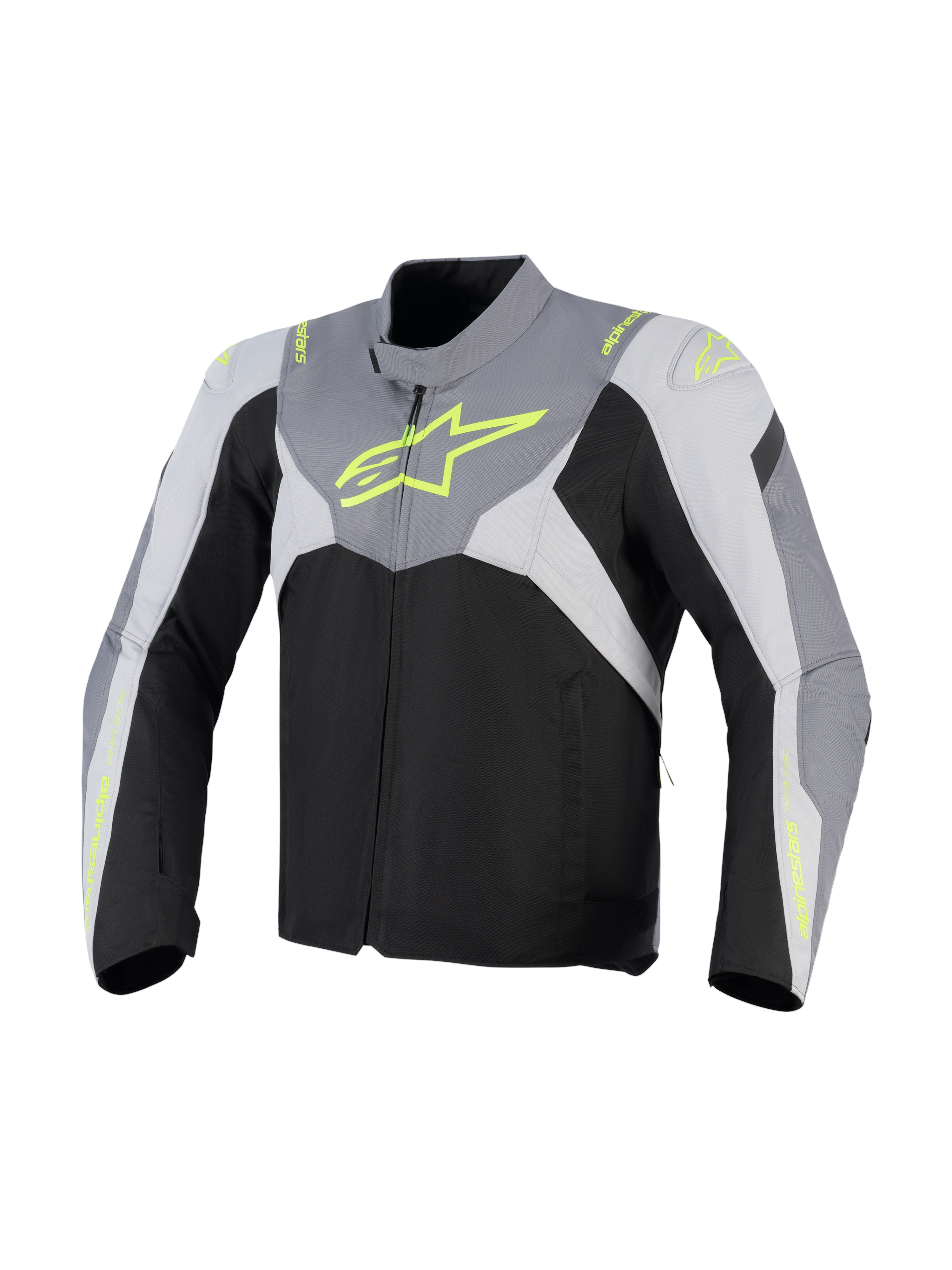 Alpinestars Giacca T-Jaws V4 Waterproof, giacca da moto in tessuto, nero, grigio ghiaccio e grigio scuro con branding giallo fluorescente, con un grande logo neon sul petto e pannelli protettivi sulle spalle