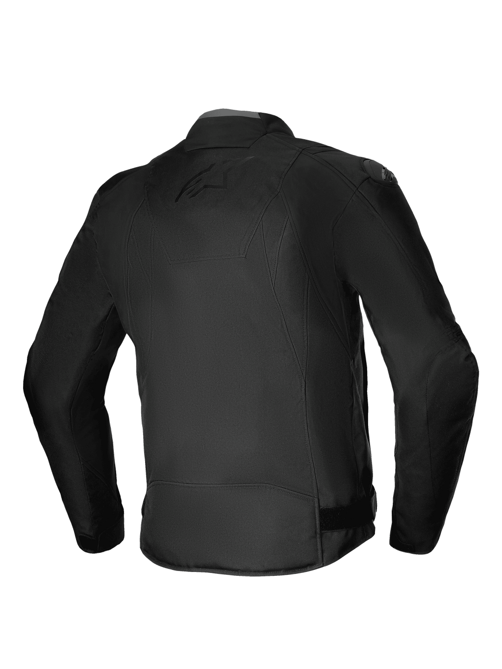 Giacca Impermeabile Alpinestars T-SP 1 V2, giacca da moto in tessuto, nero, vista posteriore che mostra la silhouette sportiva 3D, slider per le spalle DFS Lite e discreto marchio tono su tono sulla schiena, abbigliamento da moto per tutte le stagioni