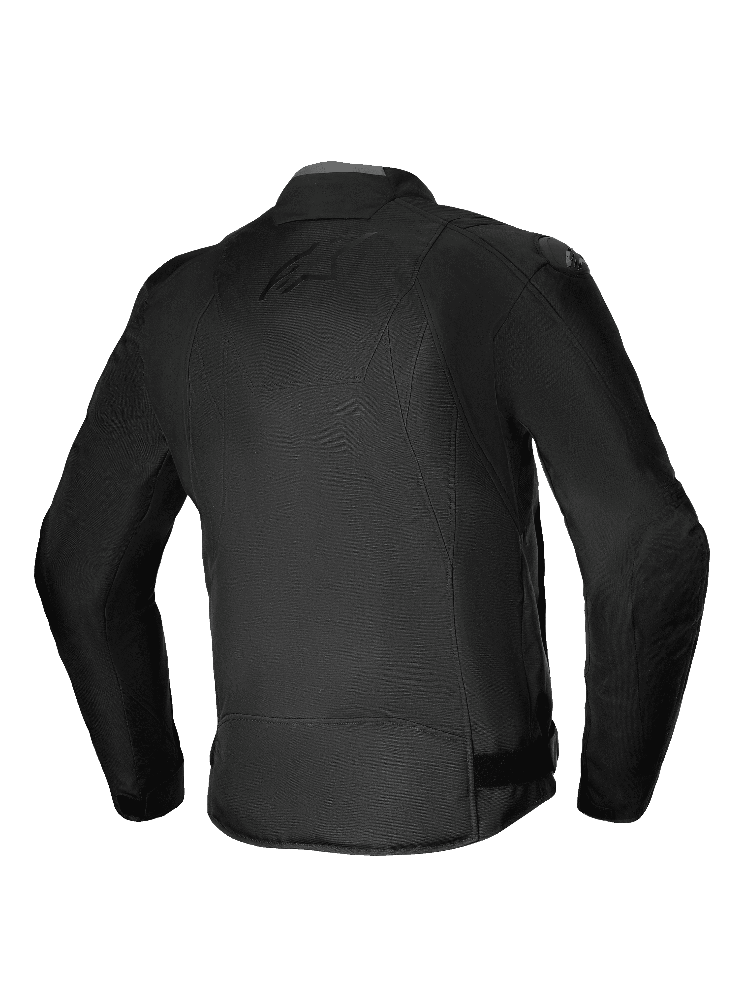 Giacca Impermeabile Alpinestars T-SP 1 V2, giacca da moto in tessuto, nero, vista posteriore che mostra la silhouette sportiva 3D, slider per le spalle DFS Lite e discreto marchio tono su tono sulla schiena, abbigliamento da moto per tutte le stagioni