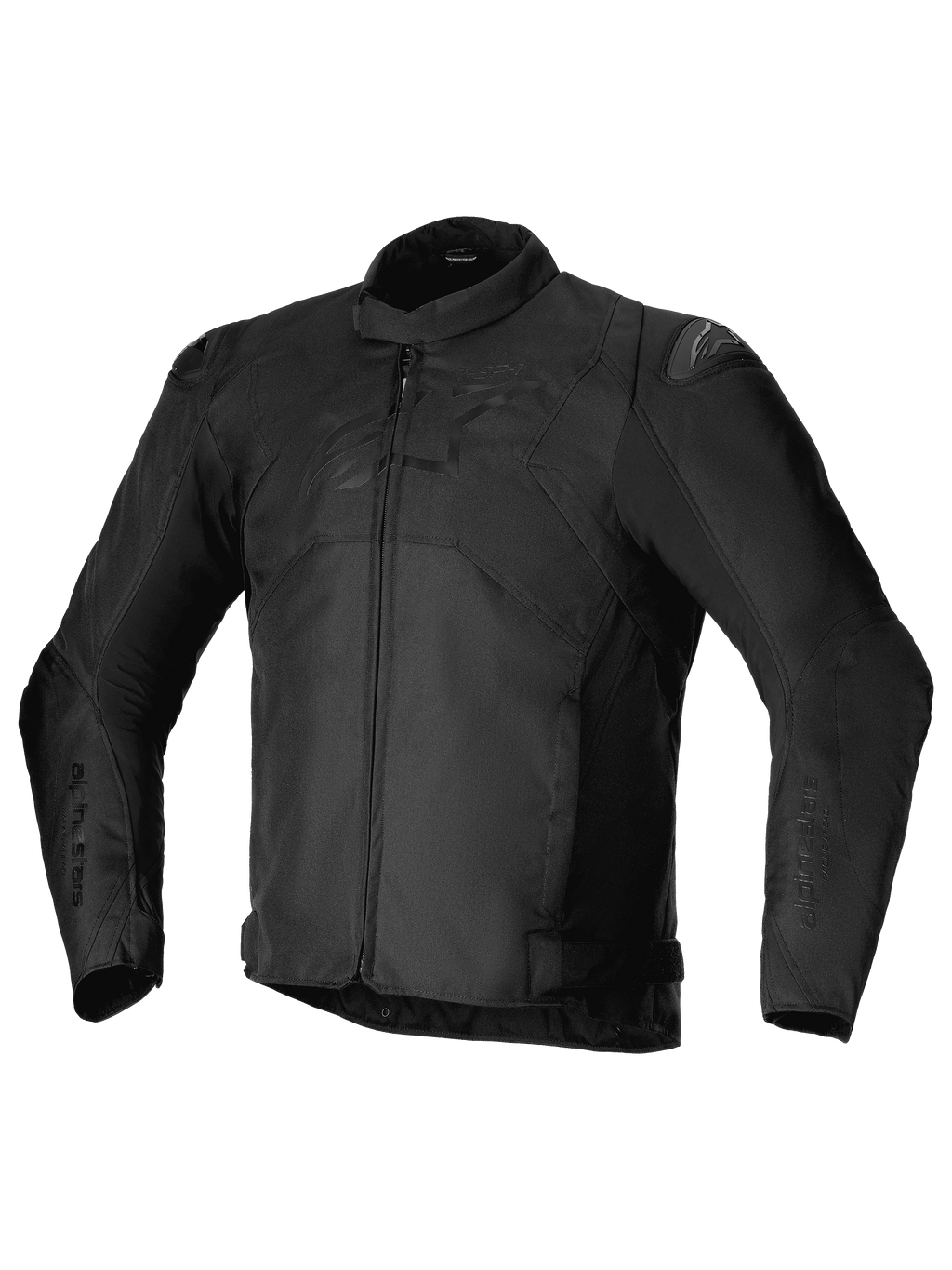 Alpinestars T-SP 1 V2 Waterproof Jacket, giacca da moto sportiva in tessuto impermeabile, nero, colletto a basso profilo, maniche lunghe pre-curvate, chiusura frontale con zip, slider per le spalle DFS Lite e logo Alpinestars tono su tono sul petto