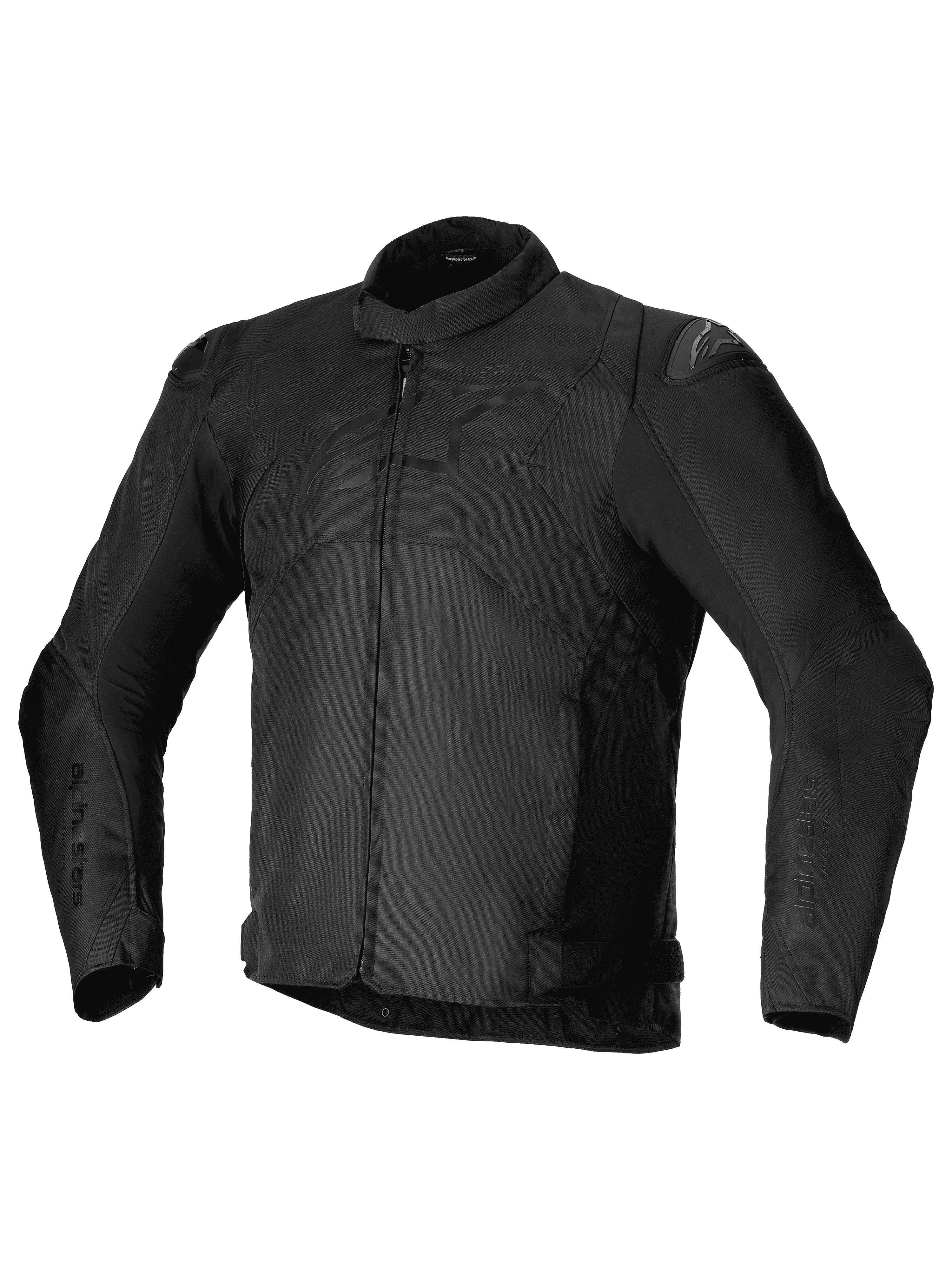 Alpinestars T-SP 1 V2 Waterproof Jacket, giacca da moto sportiva in tessuto impermeabile, nero, colletto a basso profilo, maniche lunghe pre-curvate, chiusura frontale con zip, slider per le spalle DFS Lite e logo Alpinestars tono su tono sul petto