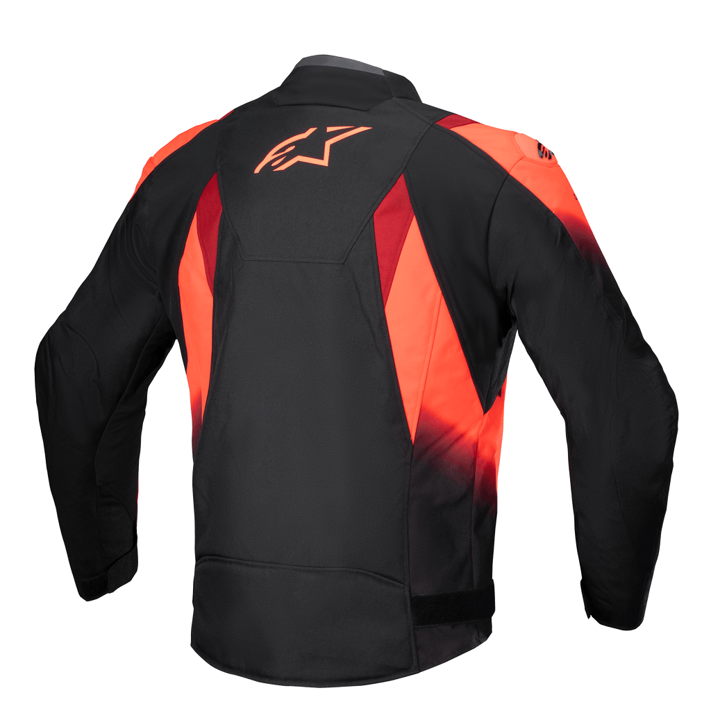 Giacca Alpinestars T-SP 1 V2 Waterproof, vista posteriore, nero e rosso fluo, giacca da moto in tessuto con vistoso logo Astars rosso sulla parte superiore della schiena, grafiche sublimate e silhouette sportiva sagomata