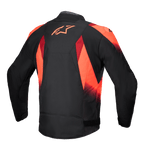 Giacca Alpinestars T-SP 1 V2 Waterproof, vista posteriore, nero e rosso fluo, giacca da moto in tessuto con vistoso logo Astars rosso sulla parte superiore della schiena, grafiche sublimate e silhouette sportiva sagomata