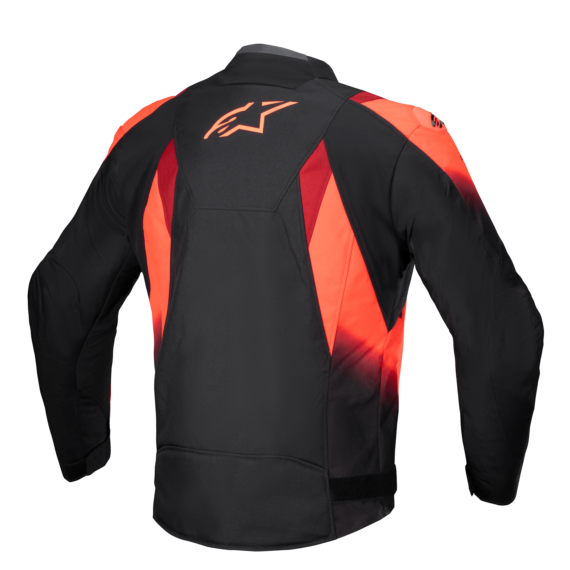 Giacca Alpinestars T-SP 1 V2 Waterproof, vista posteriore, nero e rosso fluo, giacca da moto in tessuto con vistoso logo Astars rosso sulla parte superiore della schiena, grafiche sublimate e silhouette sportiva sagomata