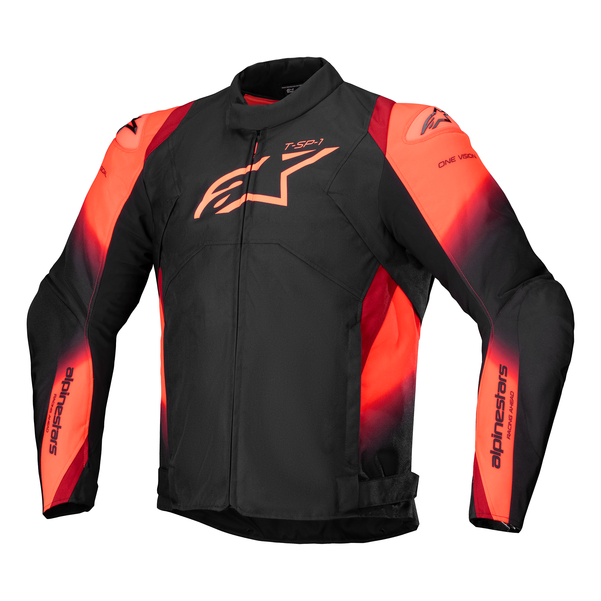 Giacca Alpinestars T-SP 1 V2 Waterproof, giacca da moto, nero e rosso fluo, con colletto alto e maniche lunghe, logo Alpinestars ben visibile sul petto e branding sulle maniche, design sportivo in tessuto con vivaci accenti rosso-arancio, costruzione impermeabile con slider sulle spalle