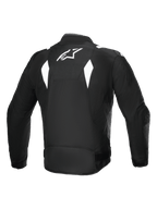Alpinestars T-SP 1 V2 Waterproof Jacket, vista posteriore, nero e bianco, logo Alpinestars bianco sulla parte superiore della schiena, giacca da moto in tessuto con accenti bianchi angolari, silhouette sportiva