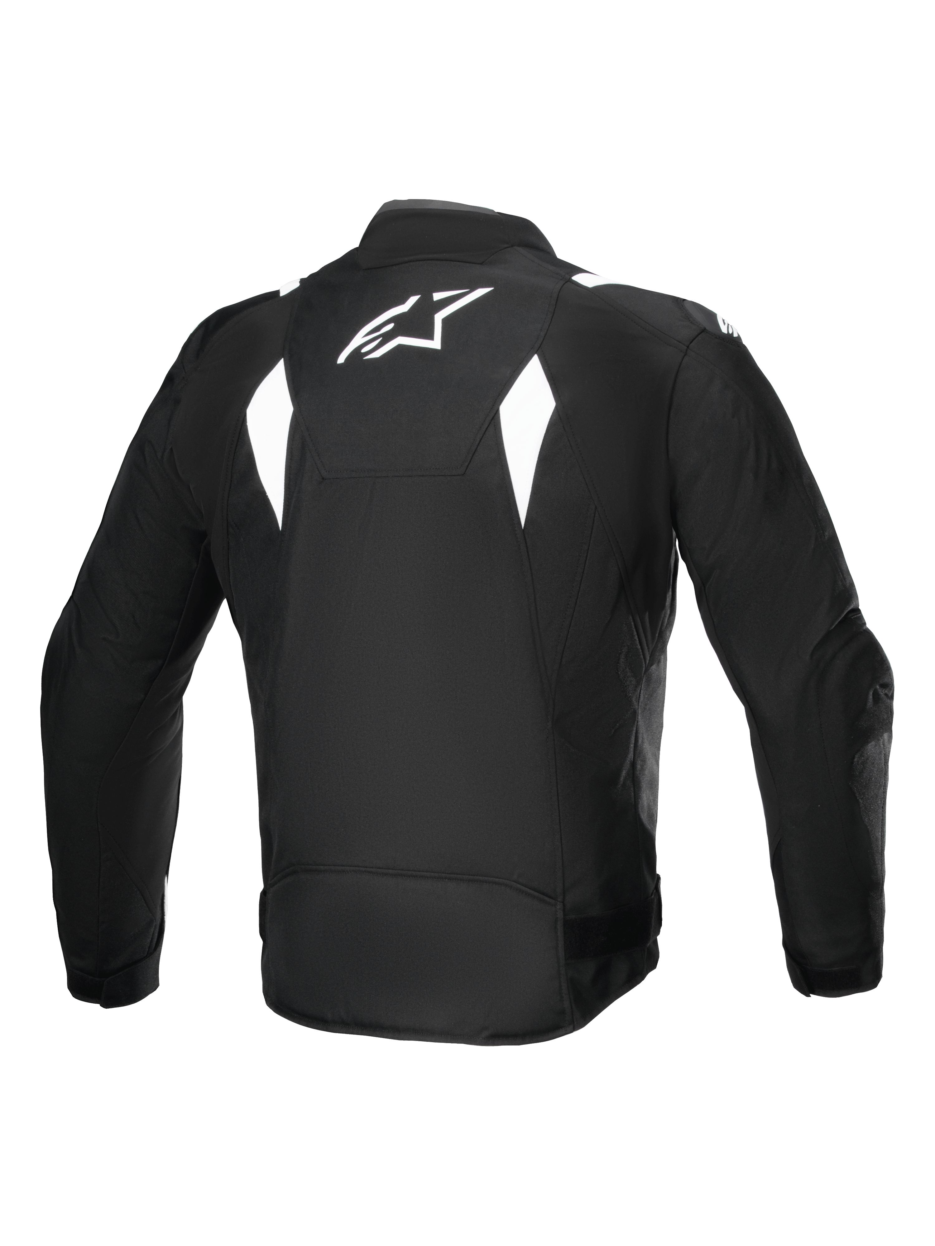 Alpinestars T-SP 1 V2 Waterproof Jacket, vista posteriore, nero e bianco, logo Alpinestars bianco sulla parte superiore della schiena, giacca da moto in tessuto con accenti bianchi angolari, silhouette sportiva