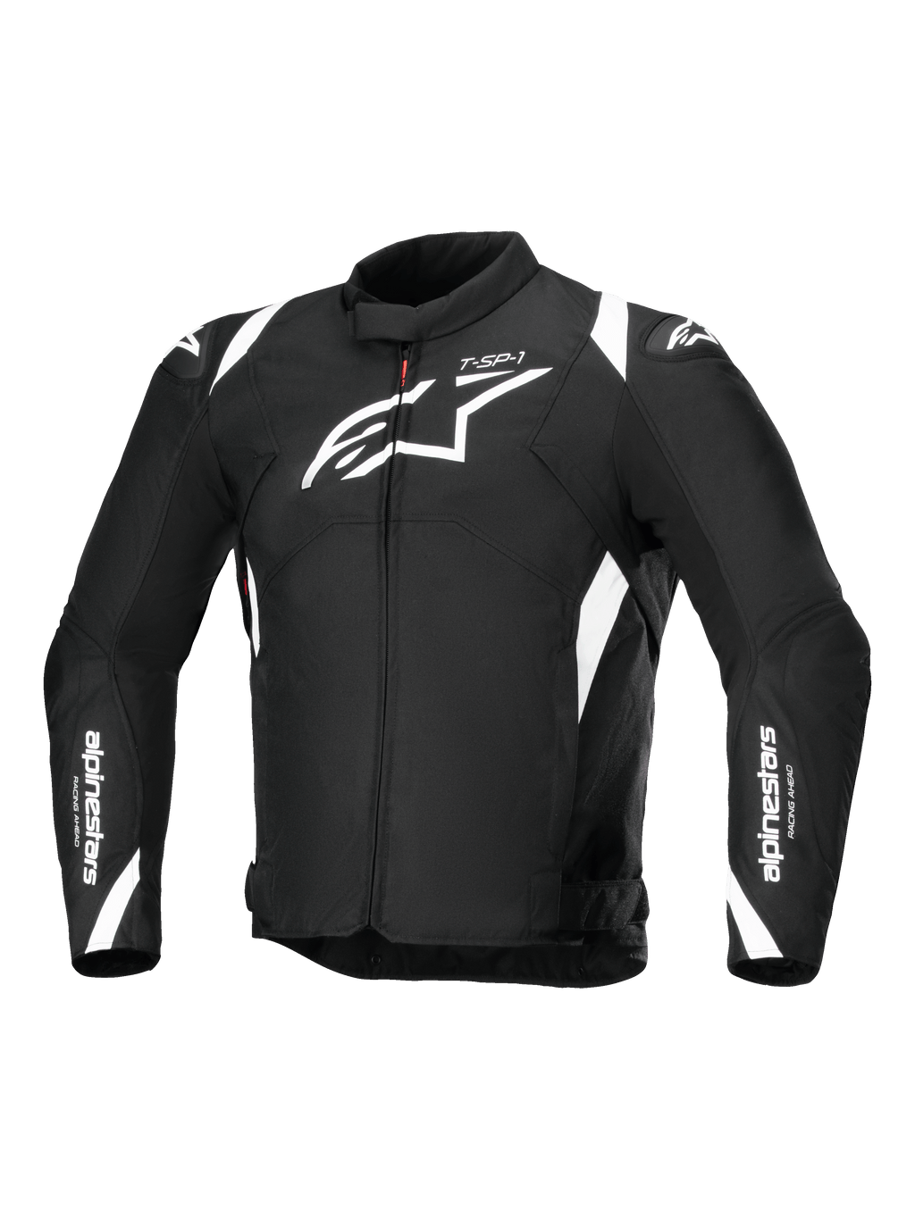 Alpinestars T-SP 1 V2 Waterproof Jacket, giacca da moto in tessuto, nero e bianco, con un grande logo Astars bianco sul petto, branding su maniche e spalle e una silhouette sportiva d'ispirazione tecnica.