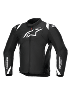 Alpinestars T-SP 1 V2 Waterproof Jacket, giacca da moto in tessuto, nero e bianco, con un grande logo Astars bianco sul petto, branding su maniche e spalle e una silhouette sportiva d'ispirazione tecnica.