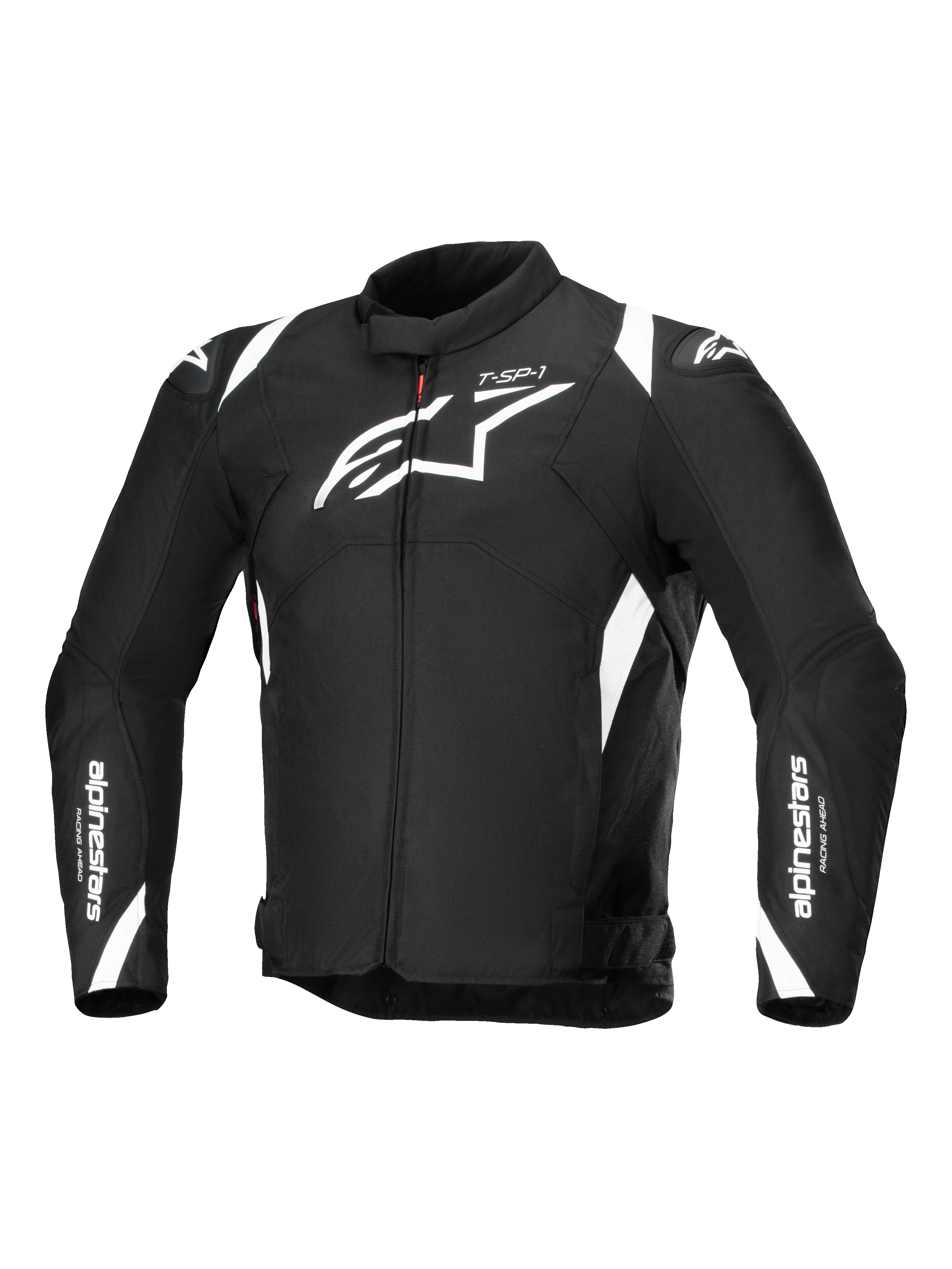 Alpinestars T-SP 1 V2 Waterproof Jacket, giacca da moto in tessuto, nero e bianco, con un grande logo Astars bianco sul petto, branding su maniche e spalle e una silhouette sportiva d'ispirazione tecnica.