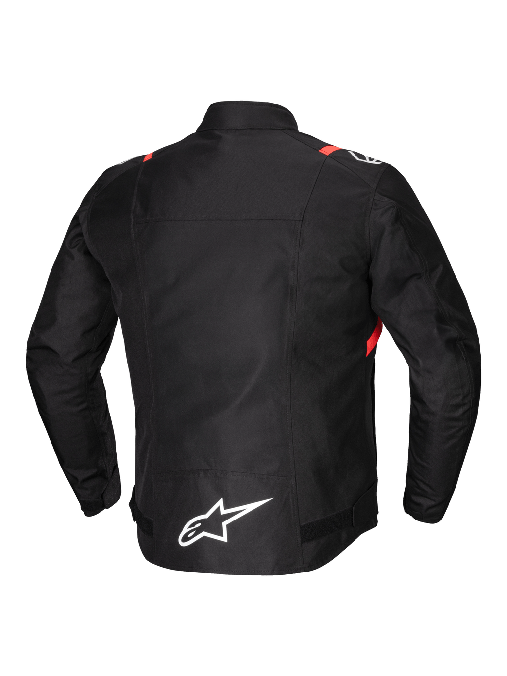 Alpinestars Giacca T-SPS V2 Impermeabile, giacca da moto da uomo, vista posteriore, nera con dettagli bianchi e rosso fluo, con inserti riflettenti e schiena allungata