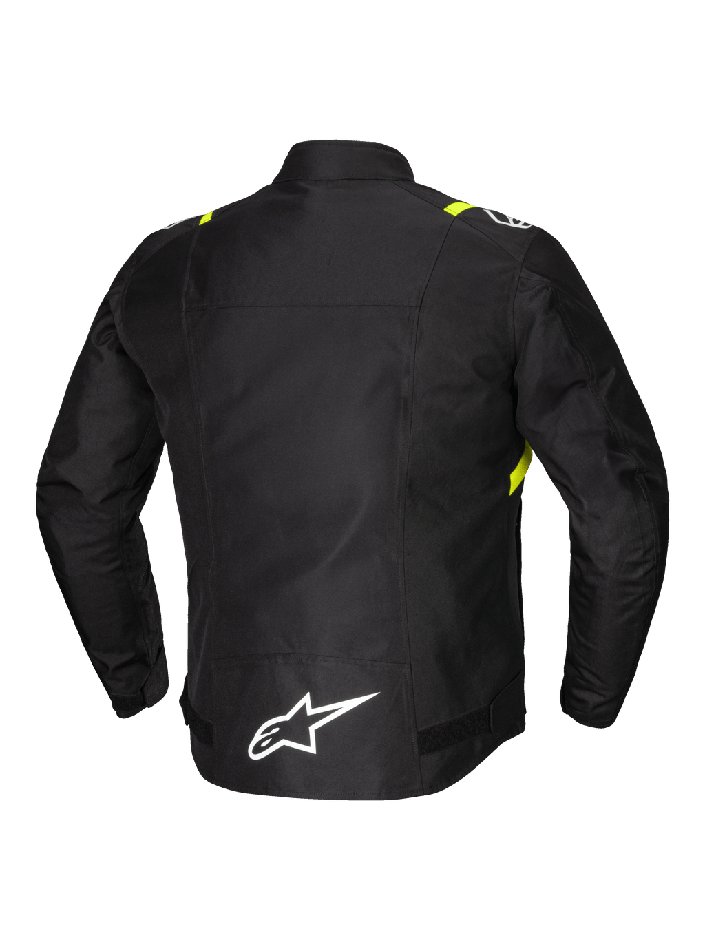 Alpinestars Giacca T-SPS V2 Impermeabile, giacca da moto in tessuto, vista posteriore con dettagli riflettenti e logo bianco sulla parte bassa della schiena, nera con accenti bianchi e giallo fluo