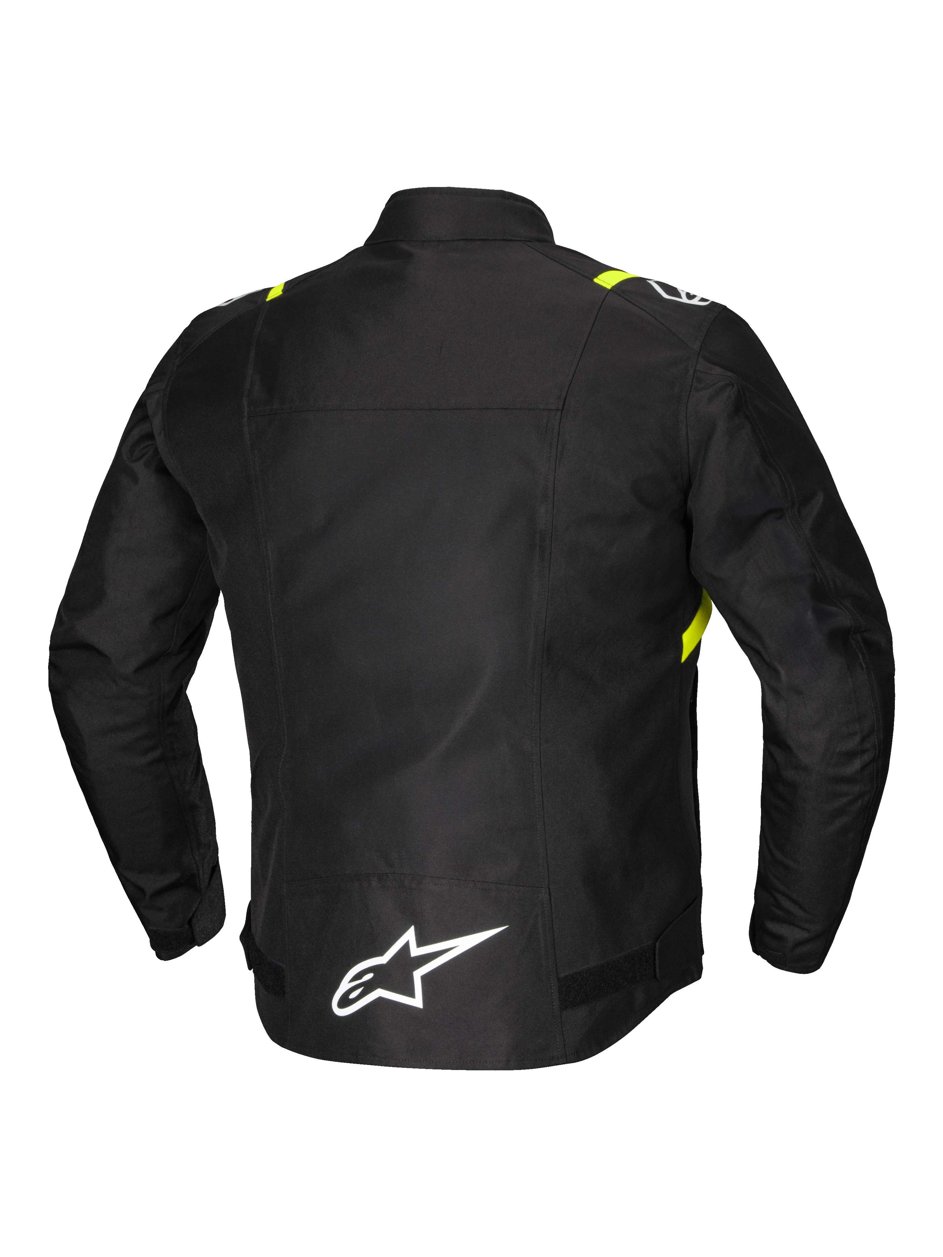 Alpinestars Giacca T-SPS V2 Impermeabile, giacca da moto in tessuto, vista posteriore con dettagli riflettenti e logo bianco sulla parte bassa della schiena, nera con accenti bianchi e giallo fluo
