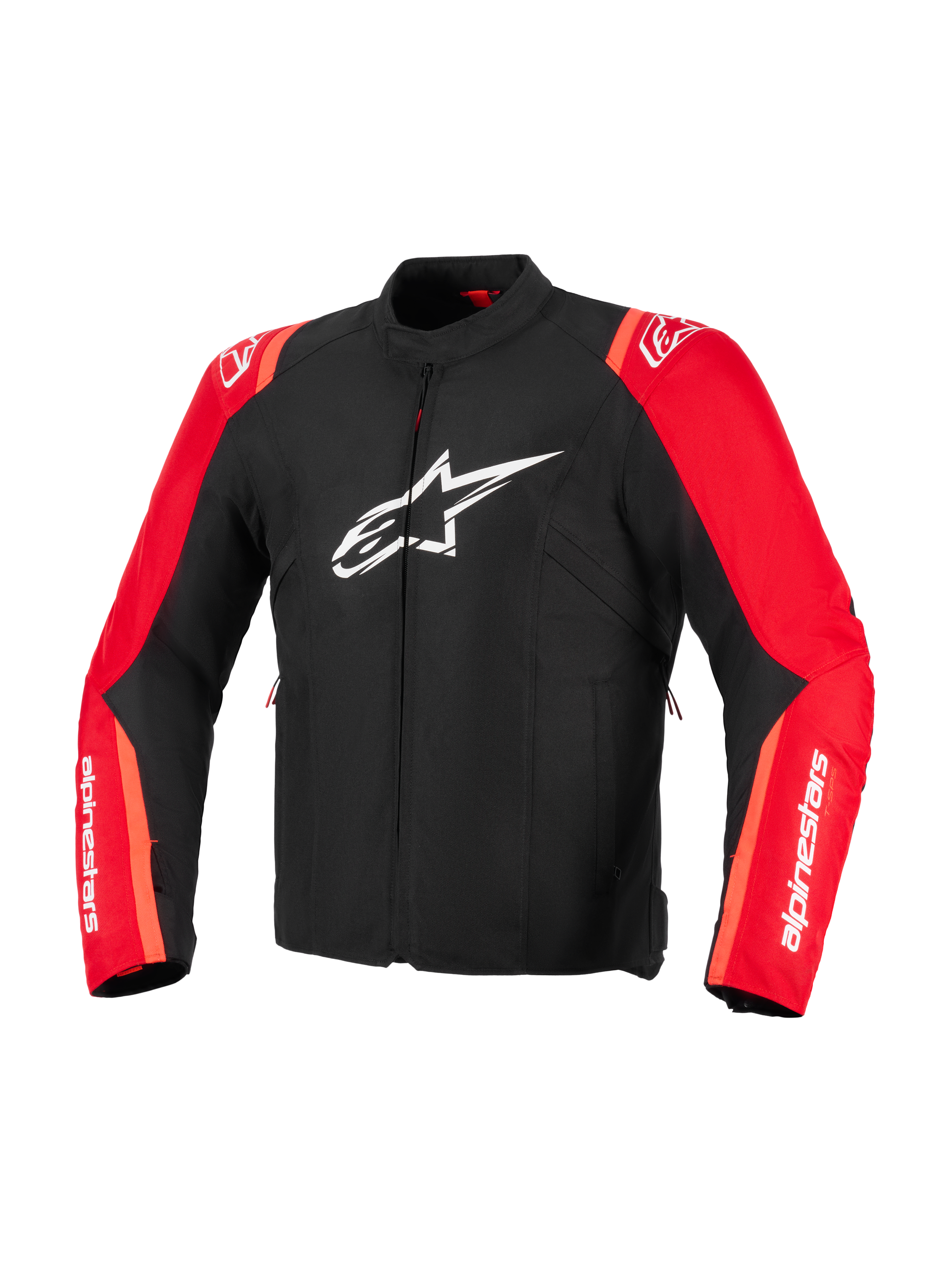 Alpinestars T-SPS V2 Waterproof Jacket, nero e rosso fluo, giacca da moto in tessuto, con logo Alpinestars bianco sul petto e scritte bianche sulle maniche, design dal taglio sportivo ispirato alle corse