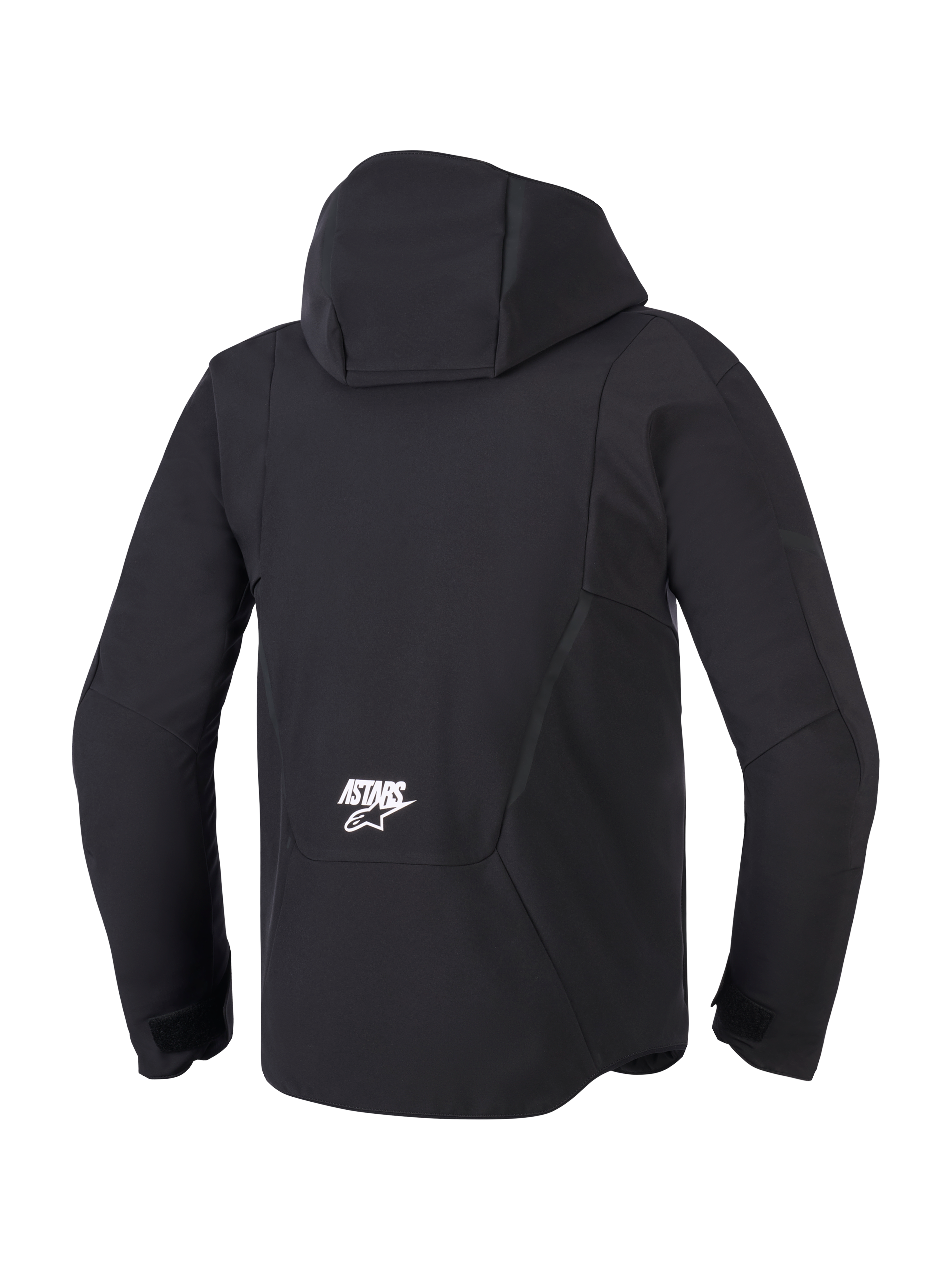 Giacca Alpinestars Aeroshell Waterproof, nero, vista posteriore con cappuccio integrato e logo ASTARS bianco sulla parte bassa della schiena, moderna giacca da moto softshell con design tecnico impermeabile