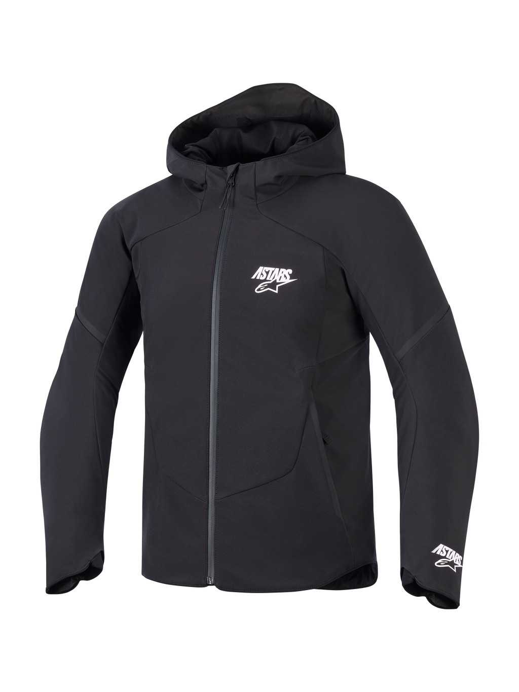 Giacca Alpinestars Aeroshell Waterproof, nera, vista frontale di una giacca da moto con cappuccio, logo ASTARS bianco su petto e polsino, finitura in tessuto tecnico con cerniera frontale impermeabile