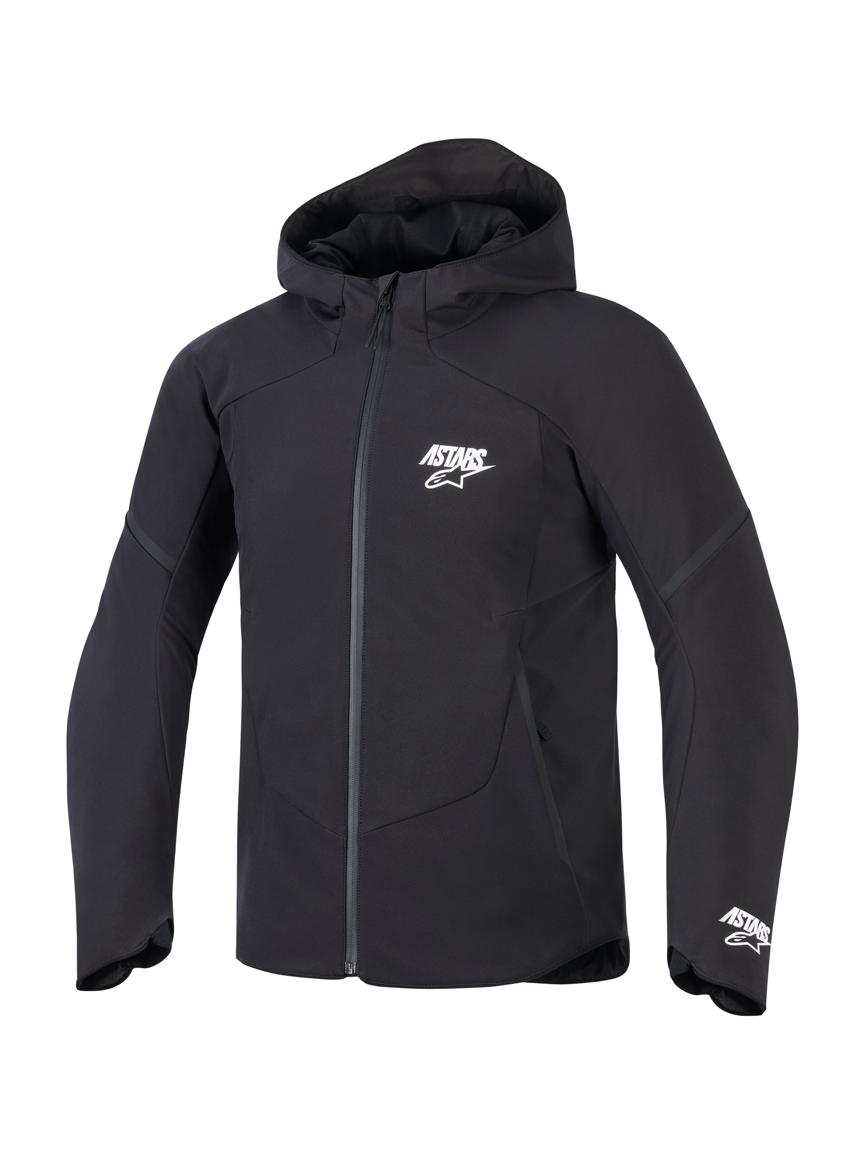 Giacca Alpinestars Aeroshell Waterproof, nera, vista frontale di una giacca da moto con cappuccio, logo ASTARS bianco su petto e polsino, finitura in tessuto tecnico con cerniera frontale impermeabile