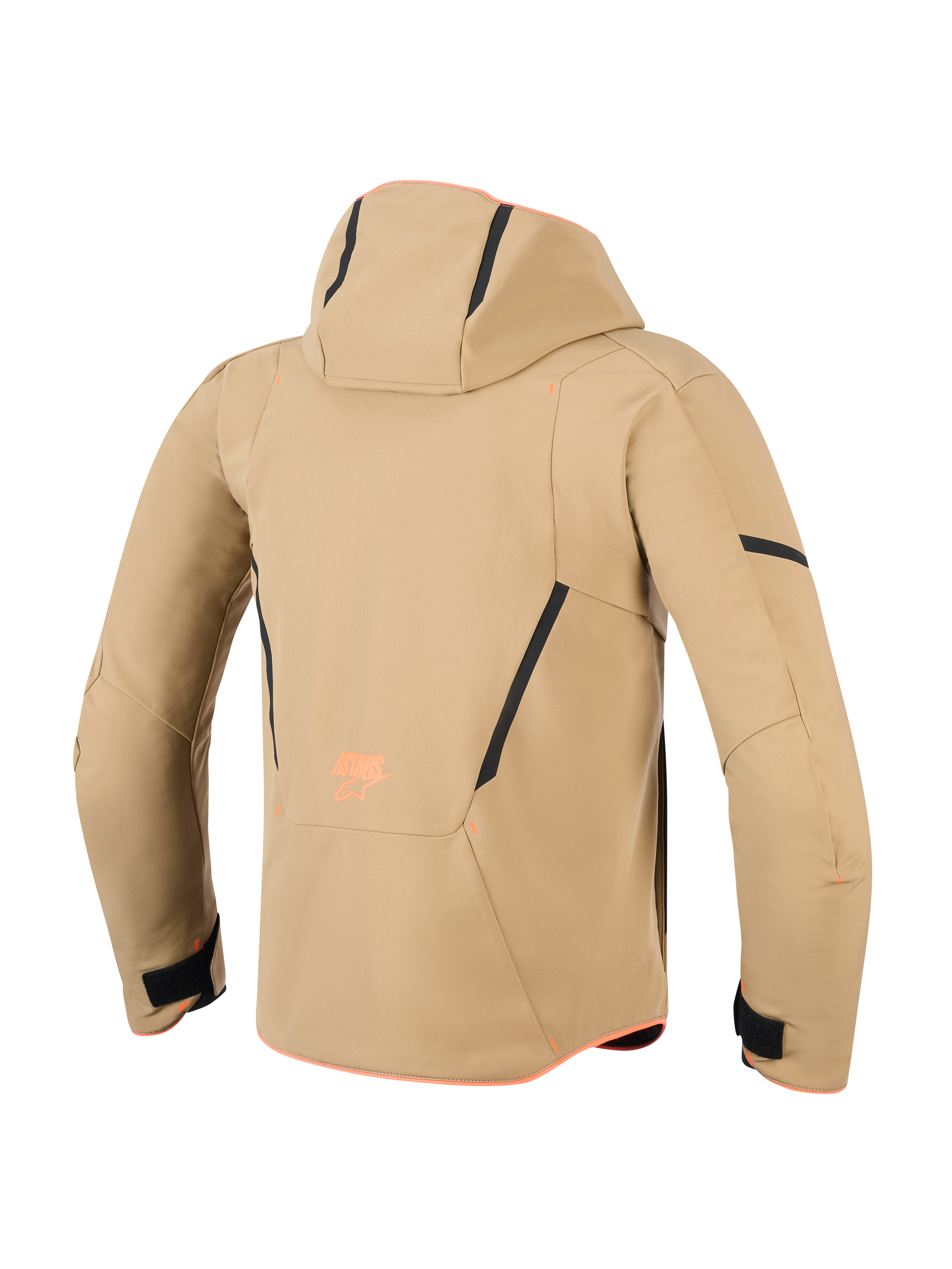 Giacca impermeabile Alpinestars Aeroshell, vista posteriore, kaki scuro con dettagli neri e arancione fluo, dotata di cappuccio, linee di contrasto nere e logo arancione, felpa da moto sportiva in softshell