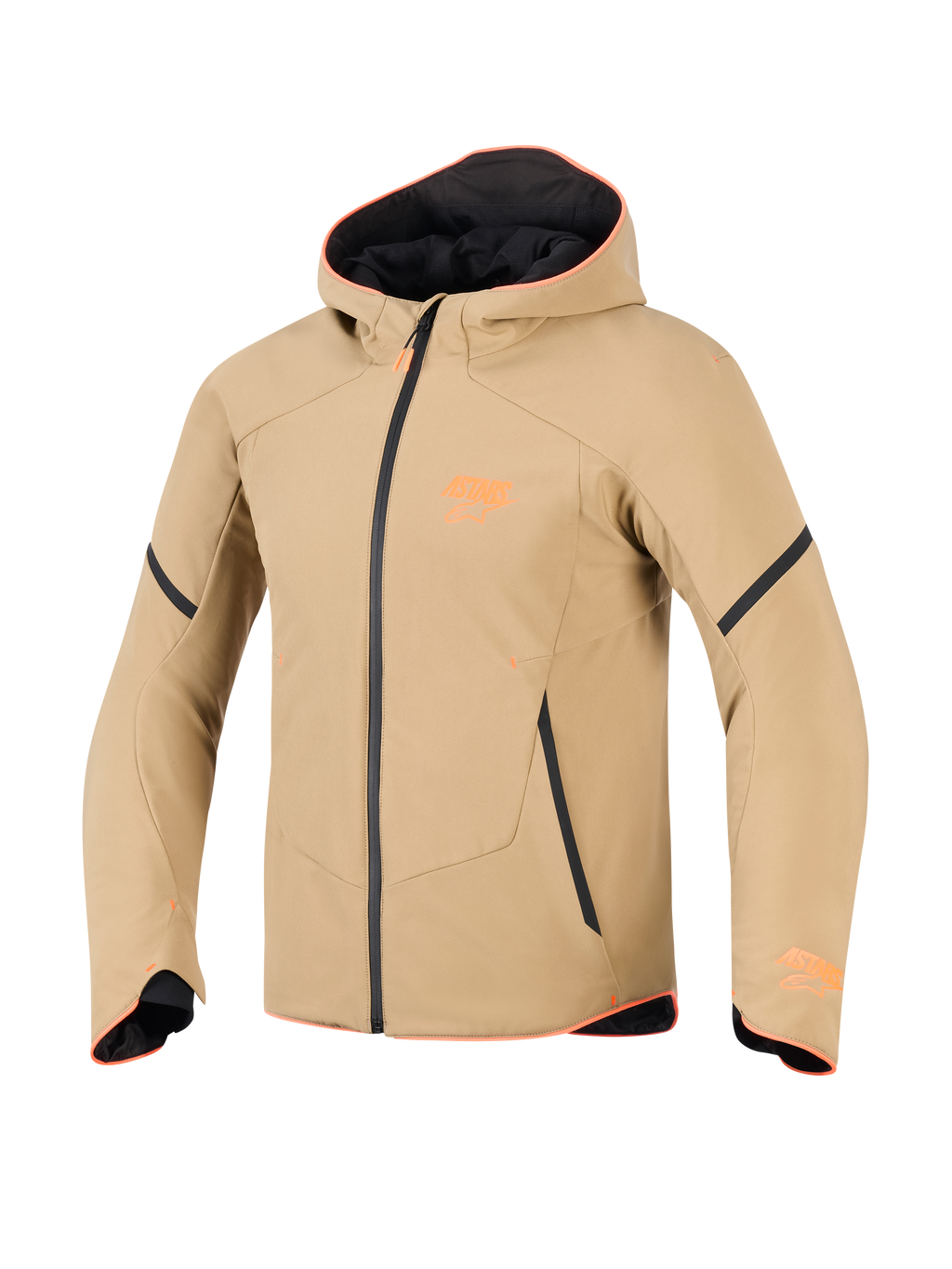 Alpinestars Giacca Aeroshell Waterproof, khaki scuro con accenti nero e arancione fluo, stile felpa sportiva in softshell, abbigliamento tecnico da moto con finiture arancioni e logo sul petto