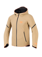 Alpinestars Giacca Aeroshell Waterproof, khaki scuro con accenti nero e arancione fluo, stile felpa sportiva in softshell, abbigliamento tecnico da moto con finiture arancioni e logo sul petto