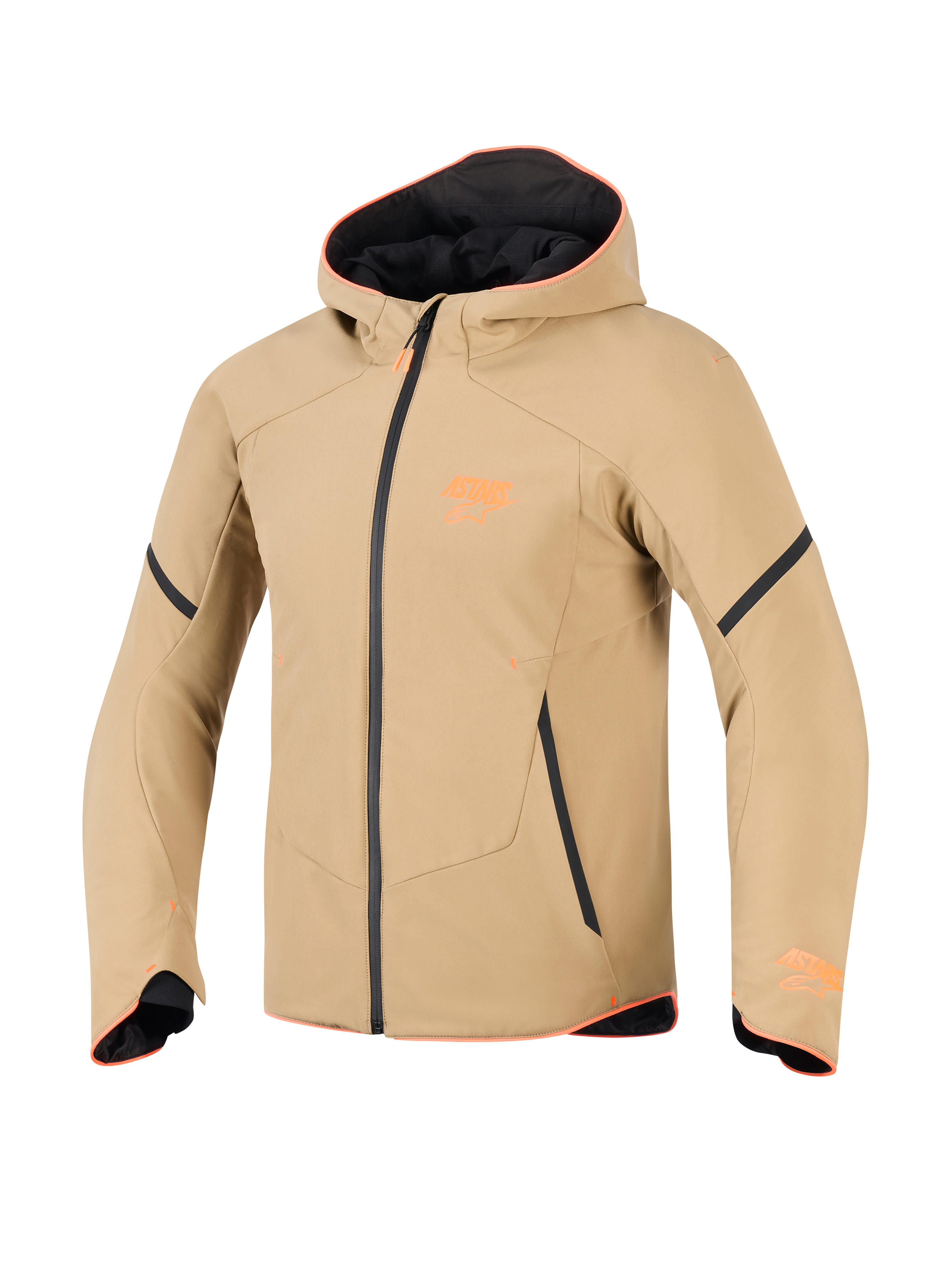 Alpinestars Giacca Aeroshell Waterproof, khaki scuro con accenti nero e arancione fluo, stile felpa sportiva in softshell, abbigliamento tecnico da moto con finiture arancioni e logo sul petto