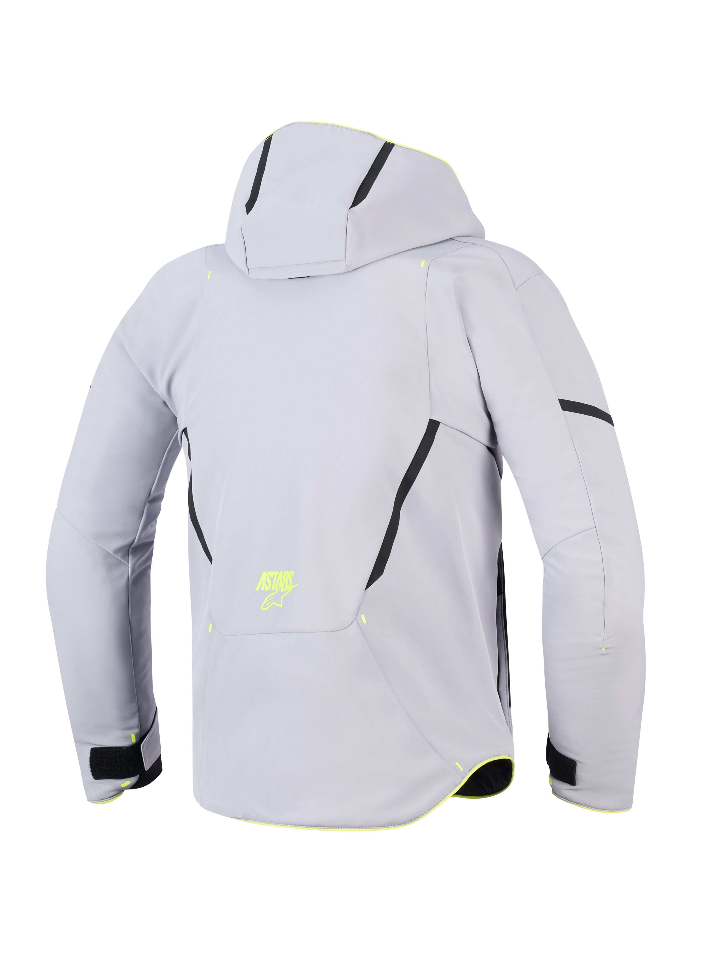 Giacca Alpinestars Aeroshell Waterproof, Grigio Medio Giallo Fluo, vista posteriore di una giacca da moto con cappuccio, softshell in tessuto grigio chiaro con accenti diagonali neri, logo ASTARS giallo fluorescente sulla parte bassa della schiena, design sportivo moderno.