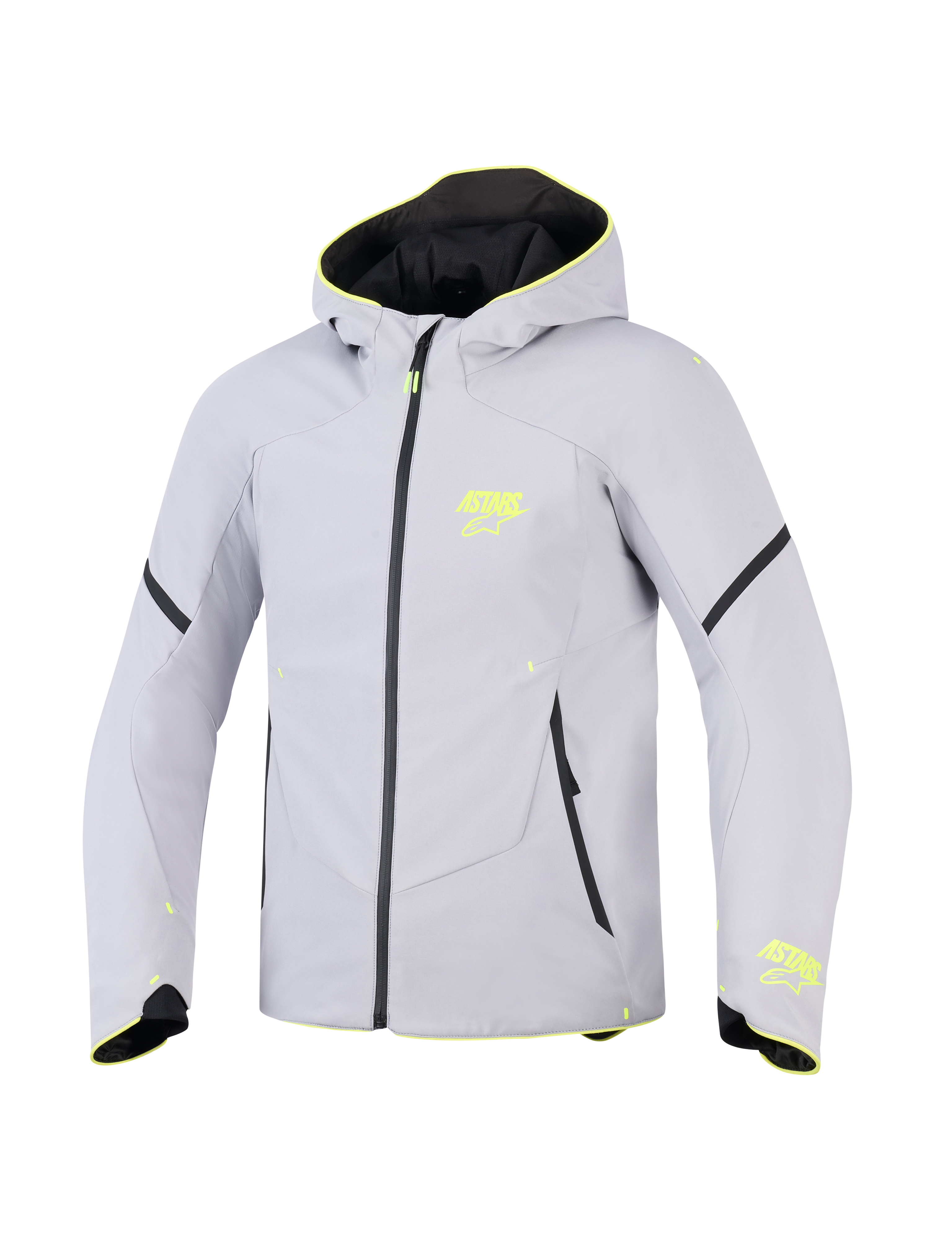 Alpinestars Aeroshell Waterproof Jacket, grigio medio e giallo fluo, giacca da moto sportiva in softshell con cappuccio, con loghi ASTARS giallo neon, cerniera impermeabile nera e vestibilità atletica moderna