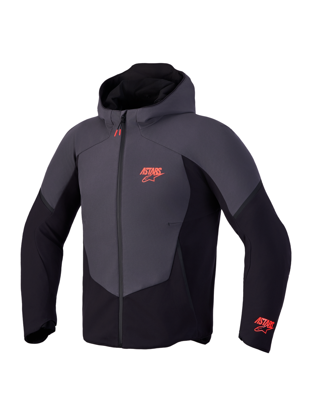 Alpinestars Aeroshell Wp Giacca, felpa softshell da moto certificata CE, nera e grigio scuro con dettagli del logo rossi, design impermeabile con cappuccio