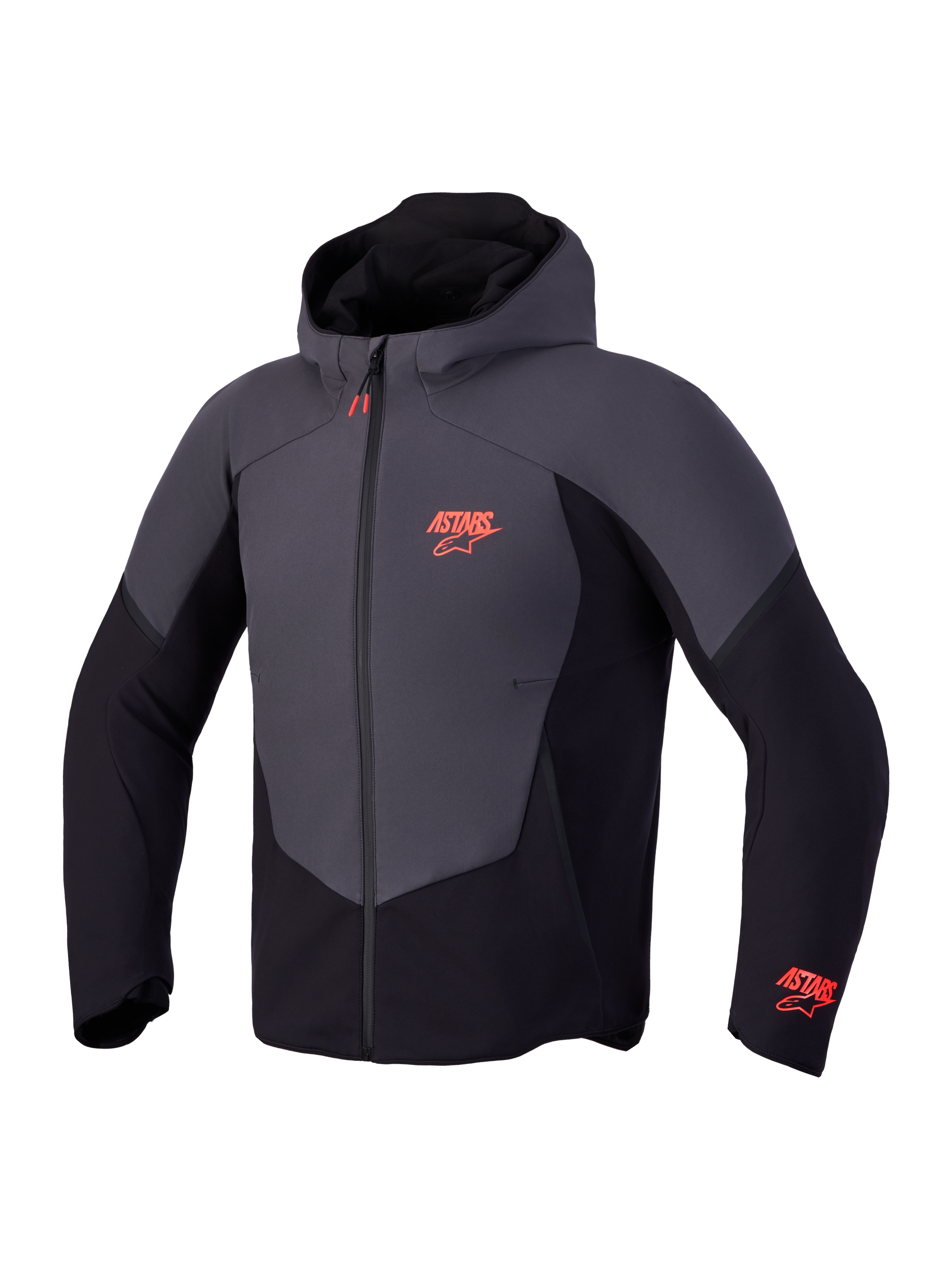 Alpinestars Aeroshell Wp Giacca, felpa softshell da moto certificata CE, nera e grigio scuro con dettagli del logo rossi, design impermeabile con cappuccio